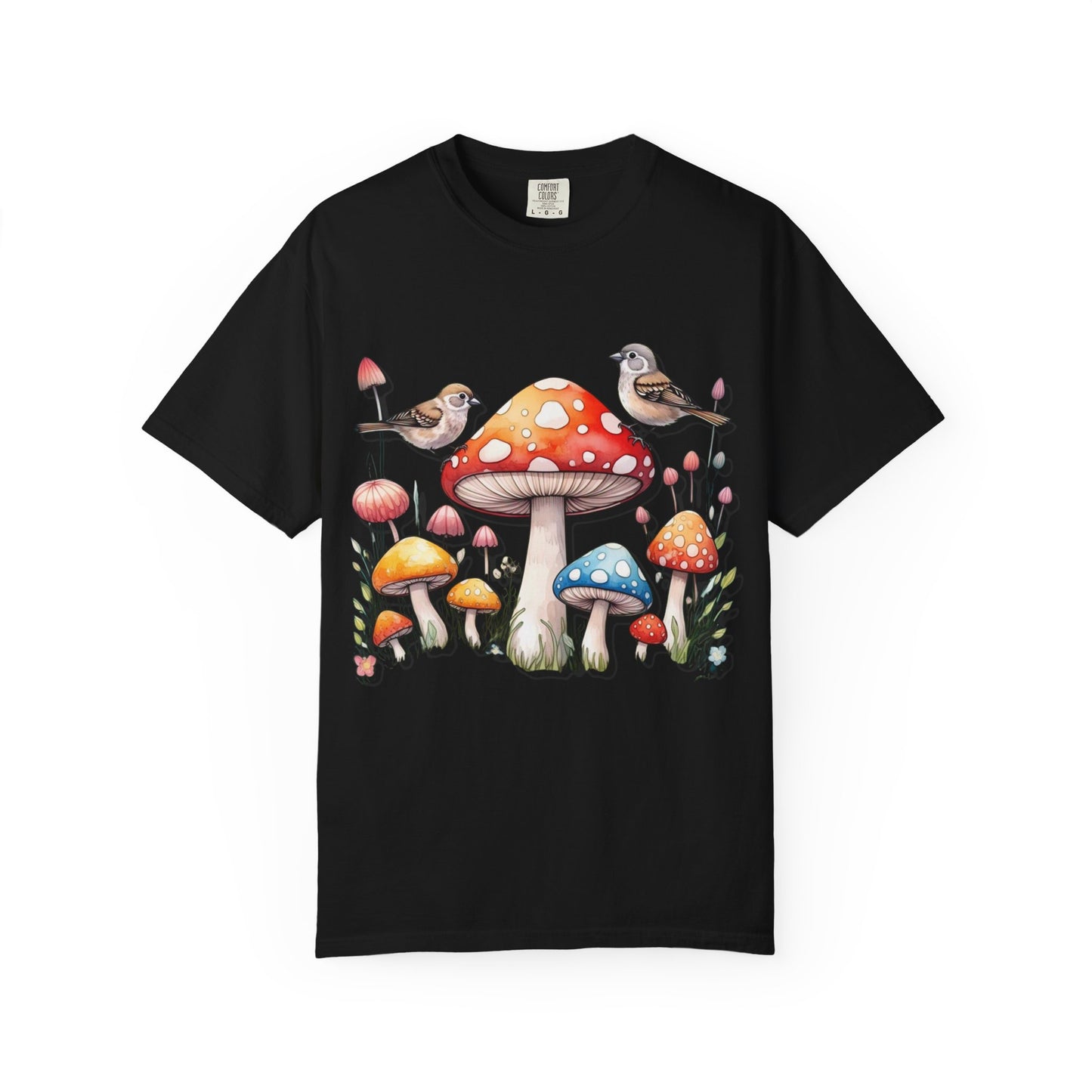 Whimsical Mushroom & Bird Unisex T-Shirt - Nature Lover's Tee