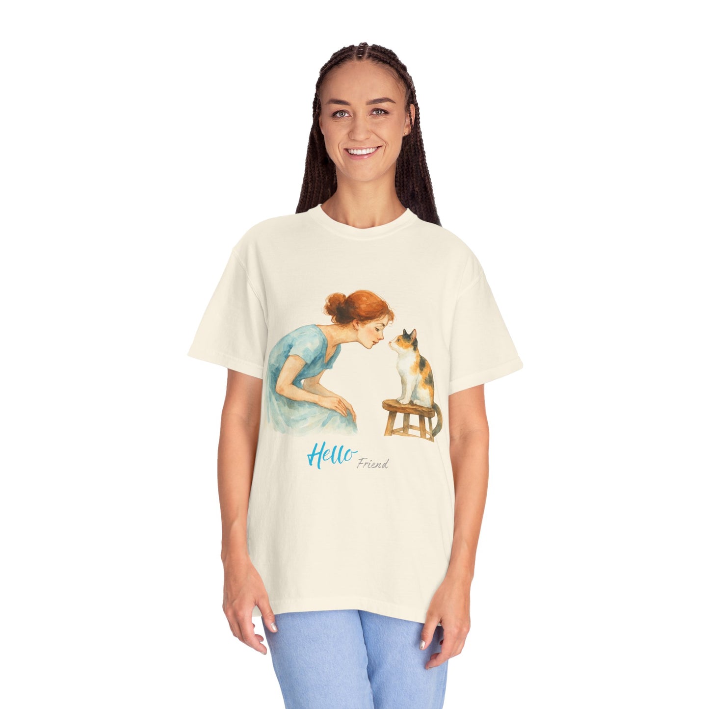 Hello Friend Cat Lover T-Shirt - Unisex Garment-Dyed Tee
