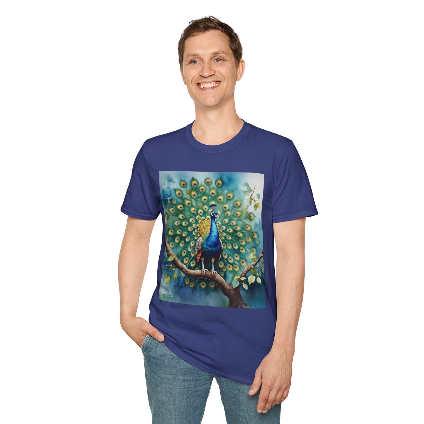 Colorful Peacock Unisex Softstyle T-Shirt - Vibrant Nature Art Tee