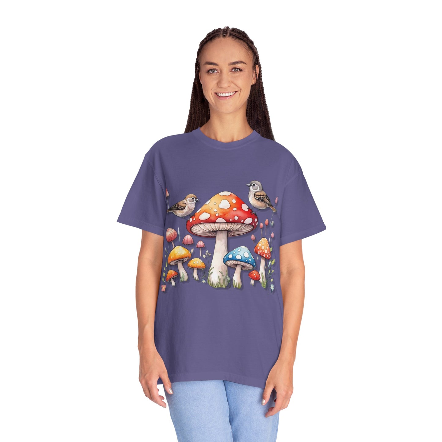 Whimsical Mushroom & Bird Unisex T-Shirt - Nature Lover's Tee