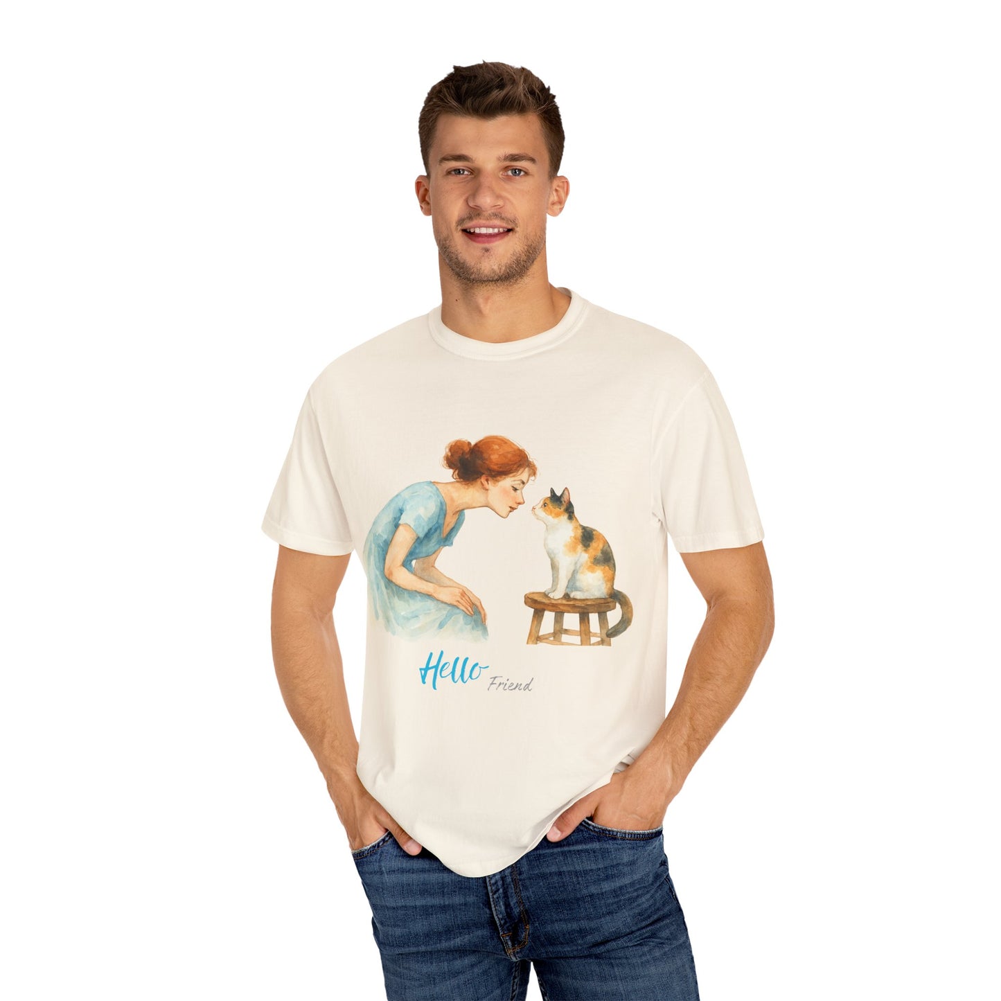 Hello Friend Cat Lover T-Shirt - Unisex Garment-Dyed Tee