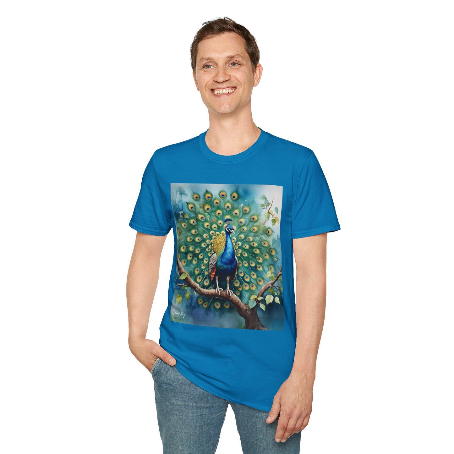 Colorful Peacock Unisex Softstyle T-Shirt - Vibrant Nature Art Tee