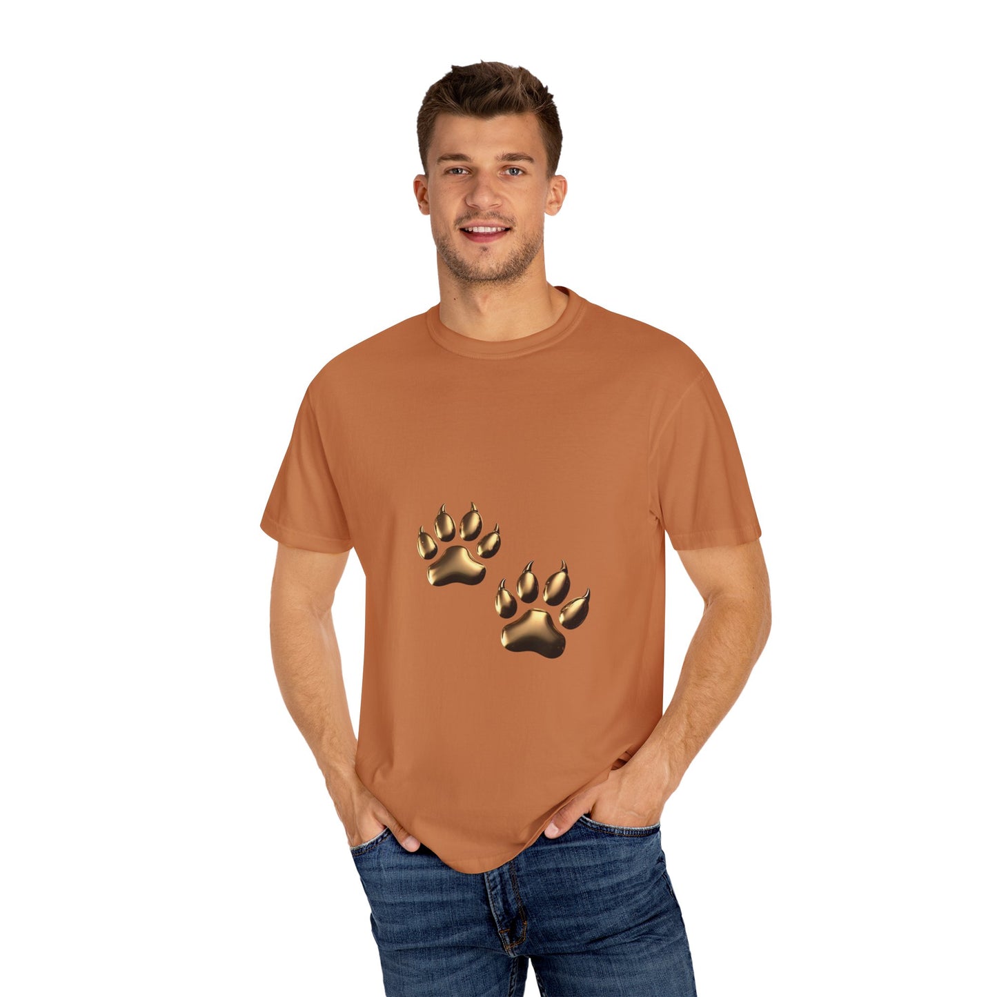 Stylish Unisex Garment-Dyed T-Shirt with Gold Paw Print Design - Perfect for Animal Lovers