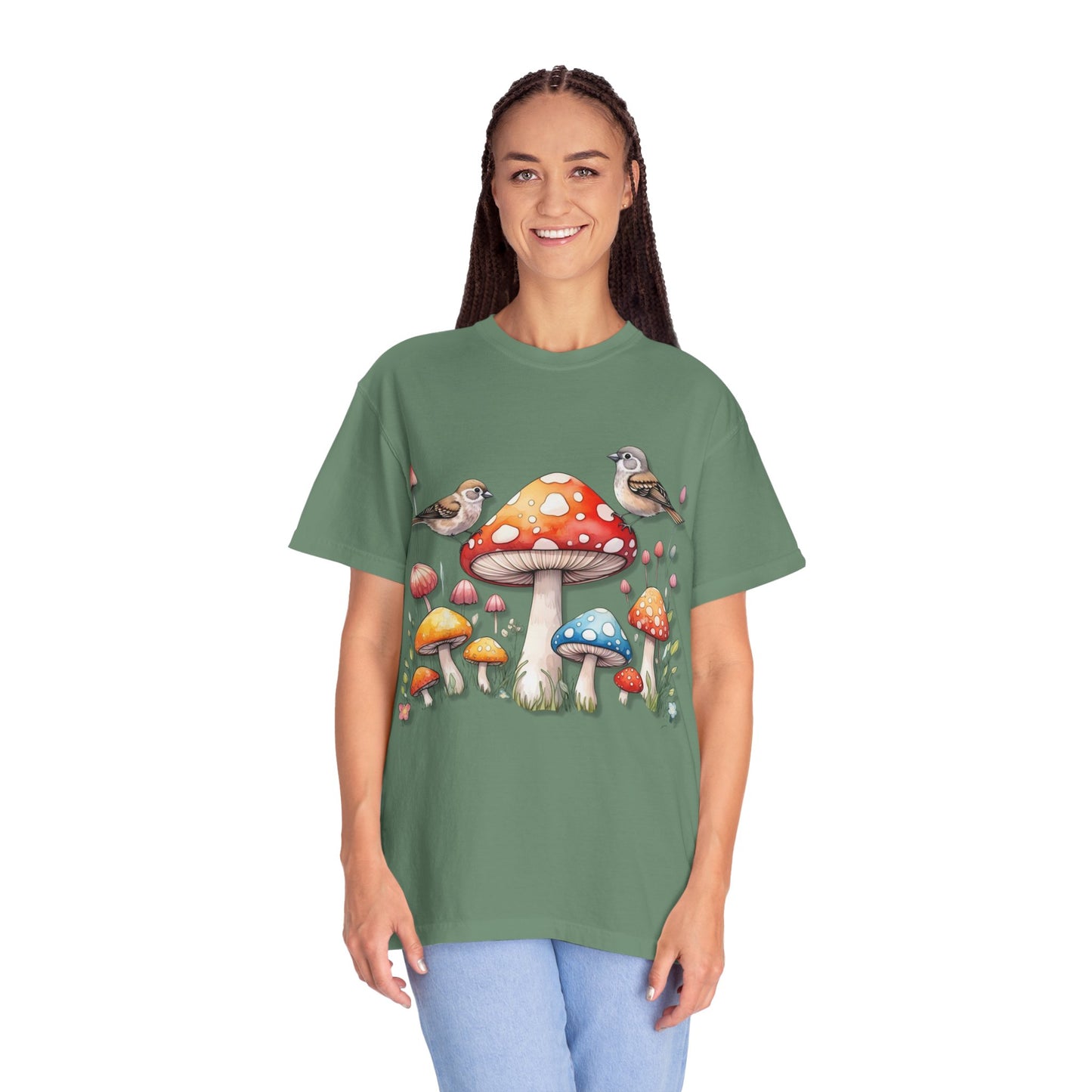 Whimsical Mushroom & Bird Unisex T-Shirt - Nature Lover's Tee