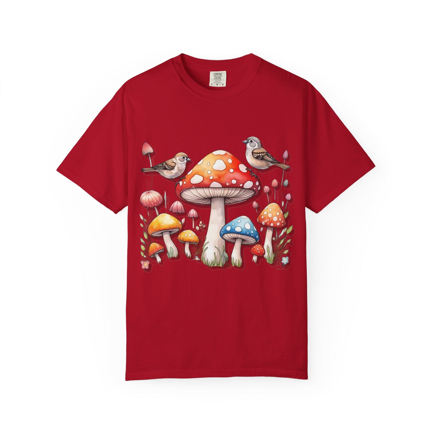 Whimsical Mushroom & Bird Unisex T-Shirt - Nature Lover's Tee