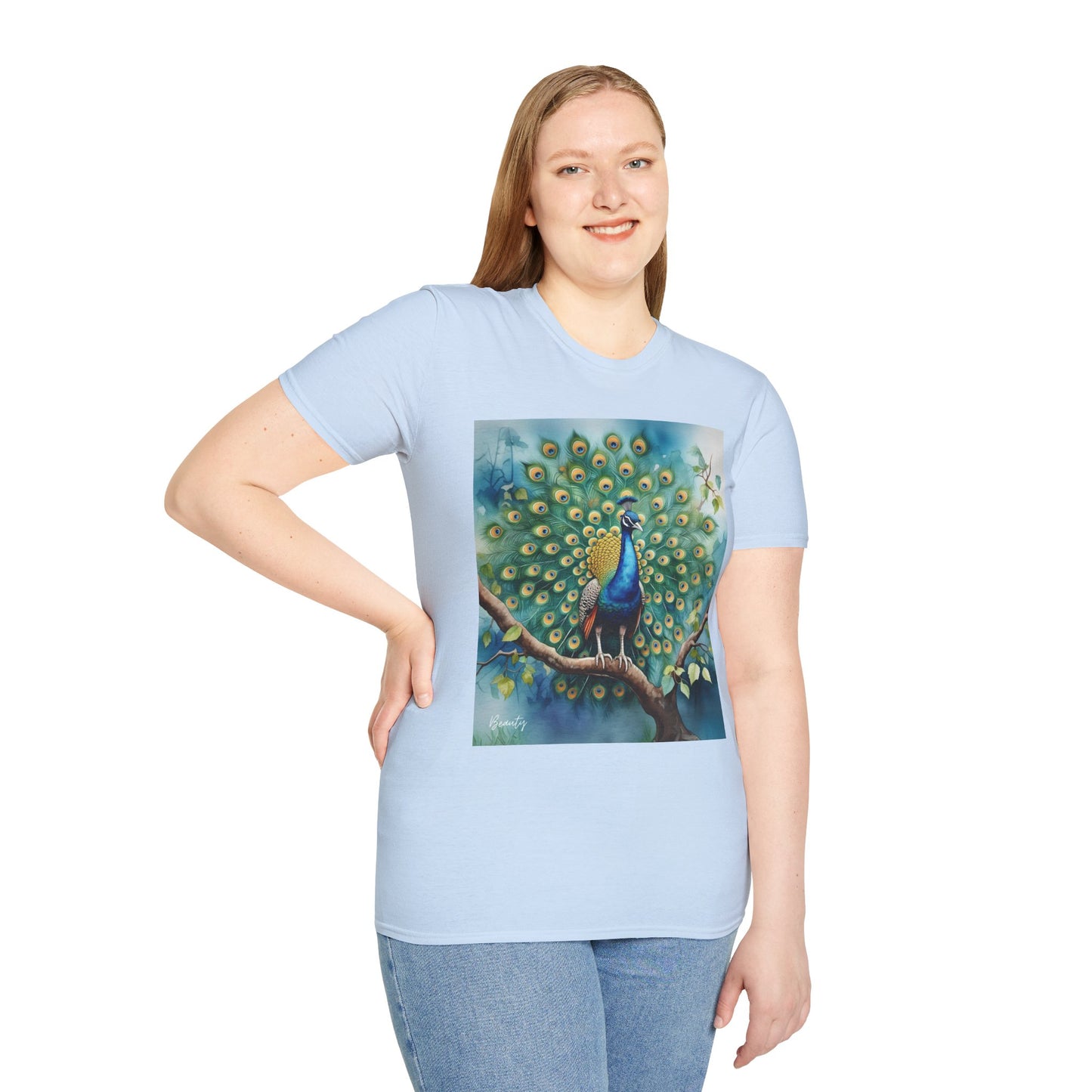 Colorful Peacock Unisex Softstyle T-Shirt - Vibrant Nature Art Tee