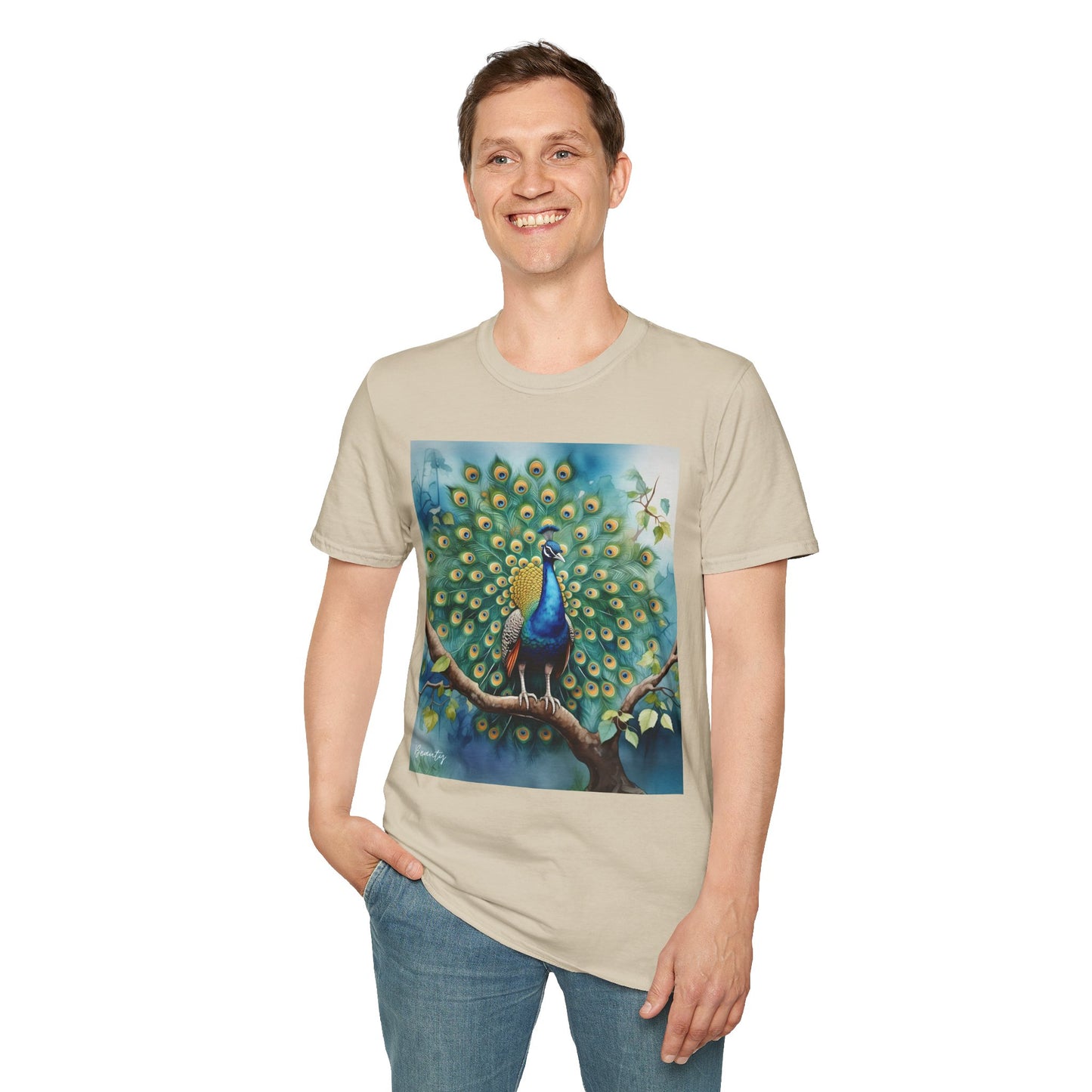 Colorful Peacock Unisex Softstyle T-Shirt - Vibrant Nature Art Tee