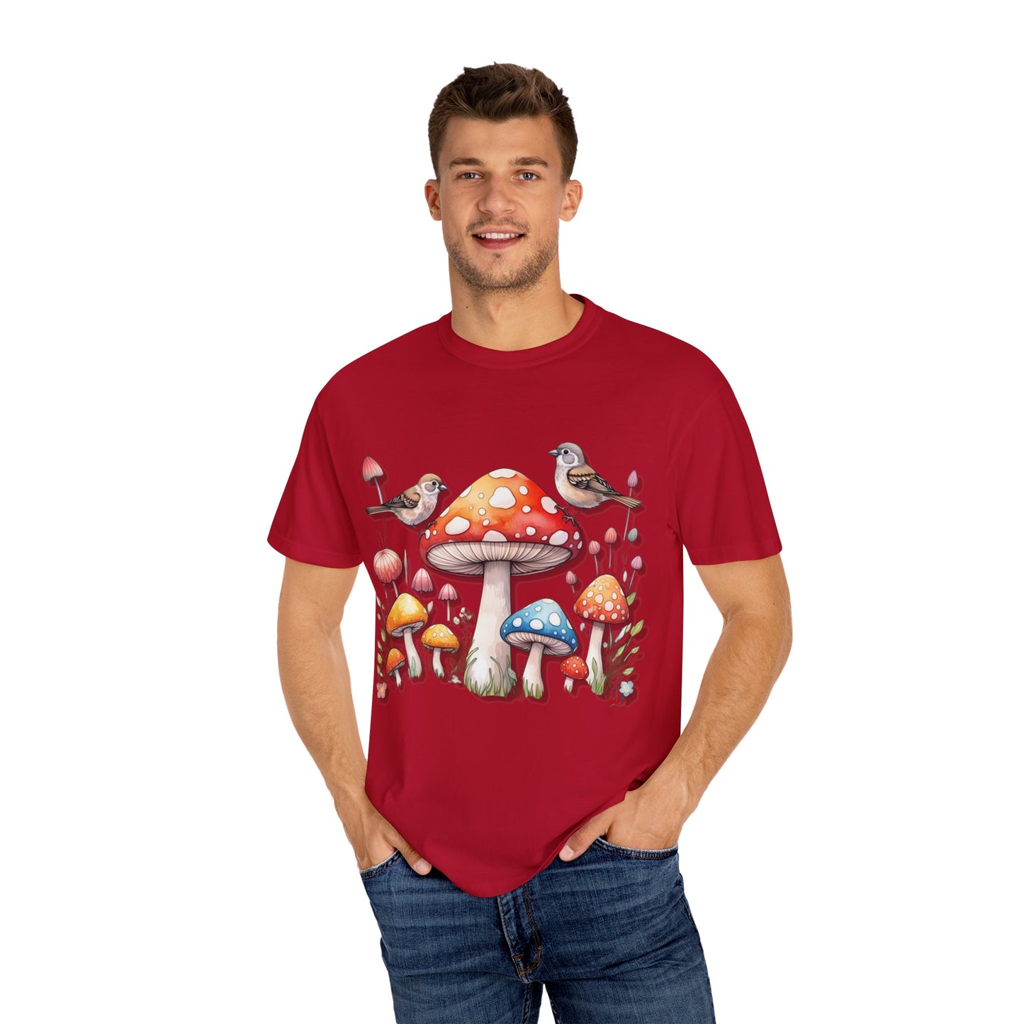 Whimsical Mushroom & Bird Unisex T-Shirt - Nature Lover's Tee