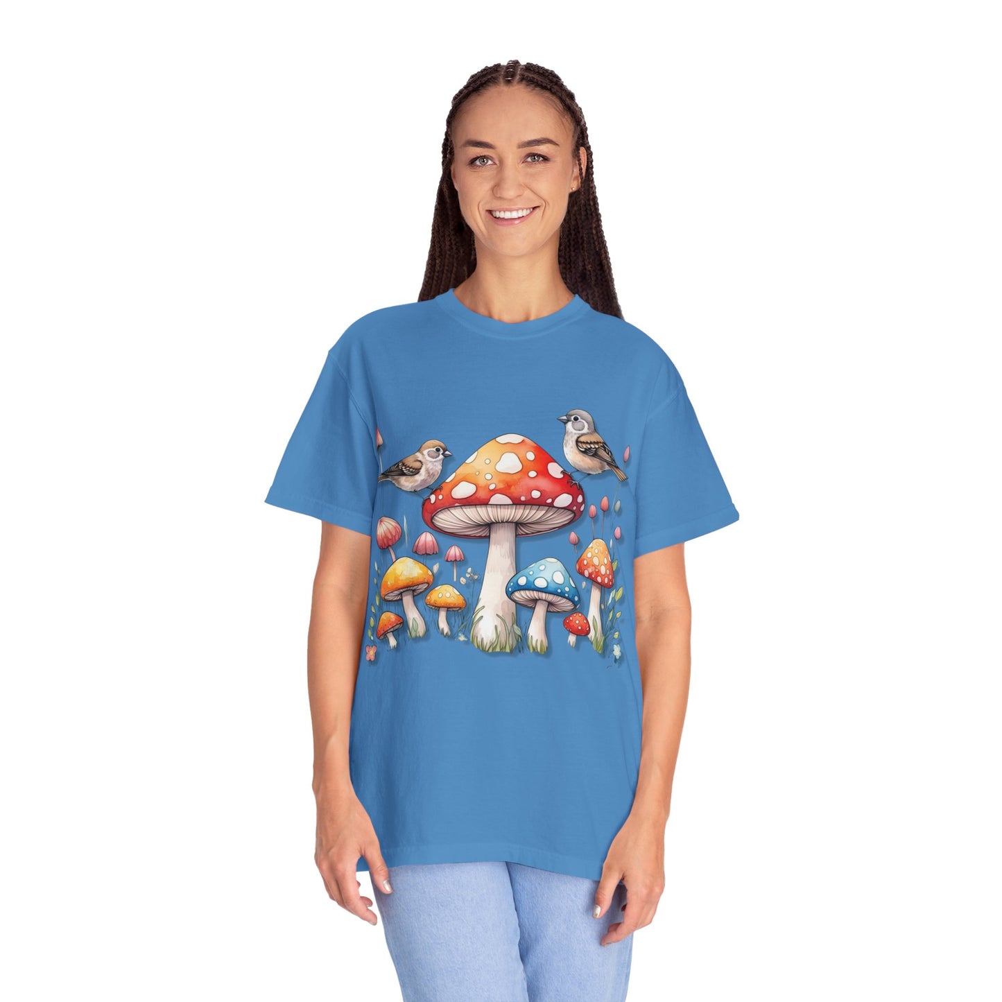 Whimsical Mushroom & Bird Unisex T-Shirt - Nature Lover's Tee