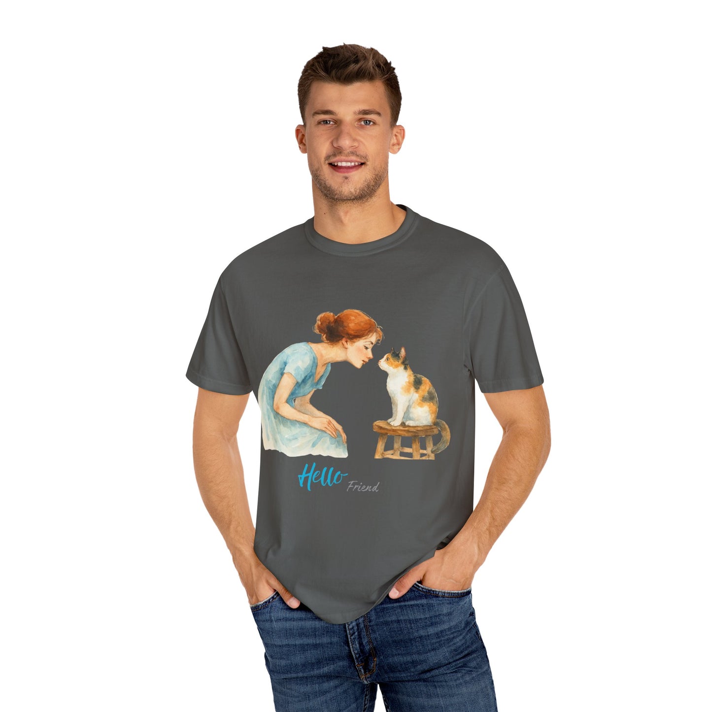 Hello Friend Cat Lover T-Shirt - Unisex Garment-Dyed Tee