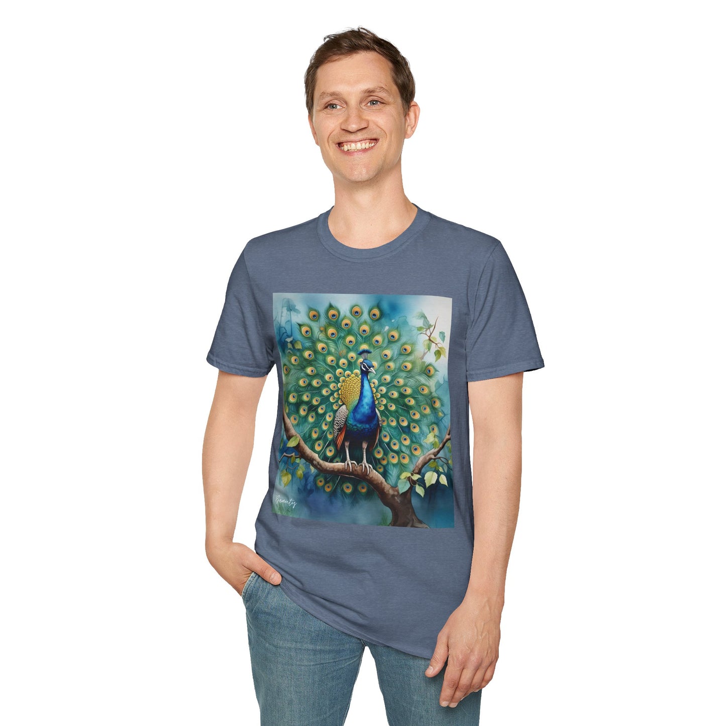 Colorful Peacock Unisex Softstyle T-Shirt - Vibrant Nature Art Tee