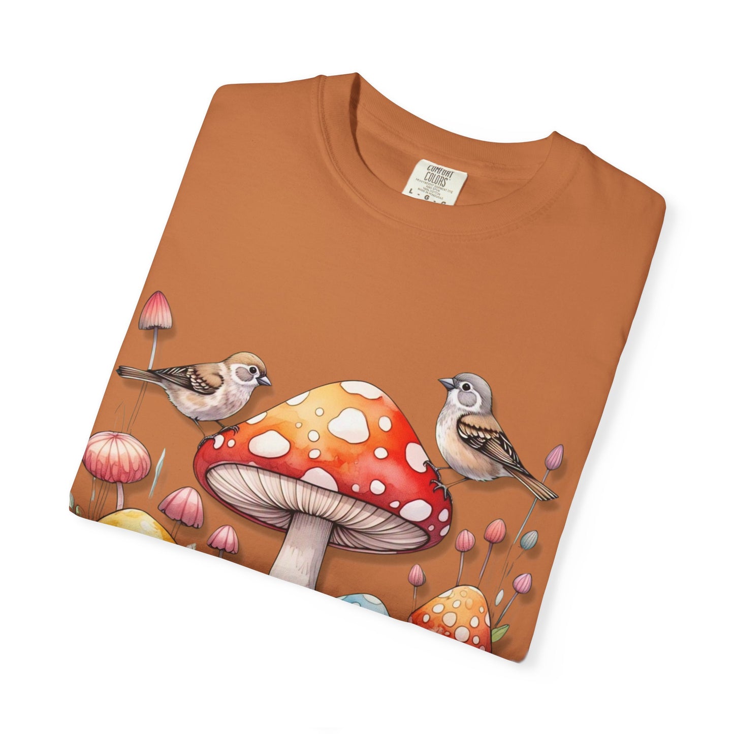 Whimsical Mushroom & Bird Unisex T-Shirt - Nature Lover's Tee