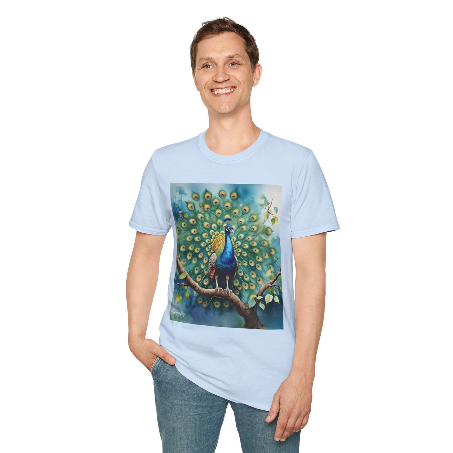 Colorful Peacock Unisex Softstyle T-Shirt - Vibrant Nature Art Tee