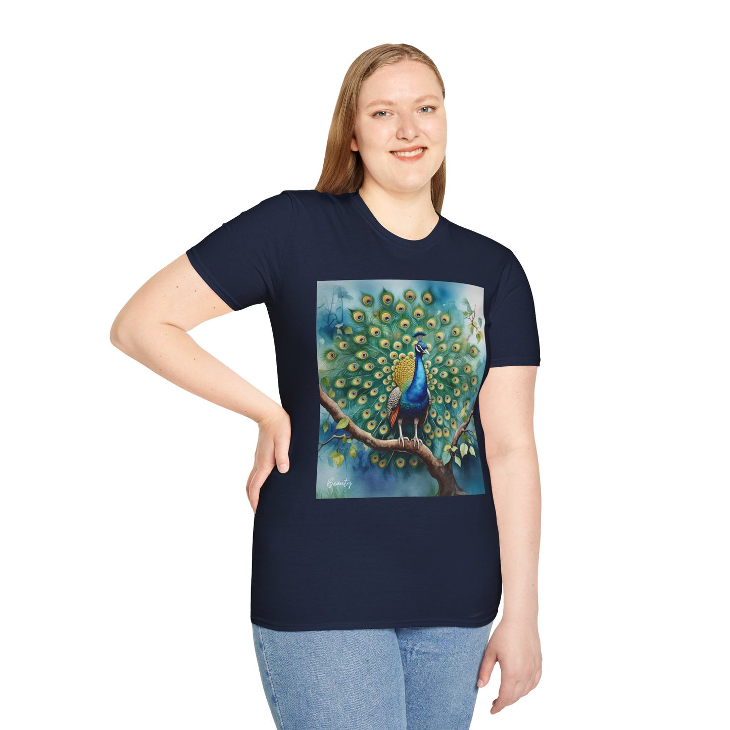 Colorful Peacock Unisex Softstyle T-Shirt - Vibrant Nature Art Tee