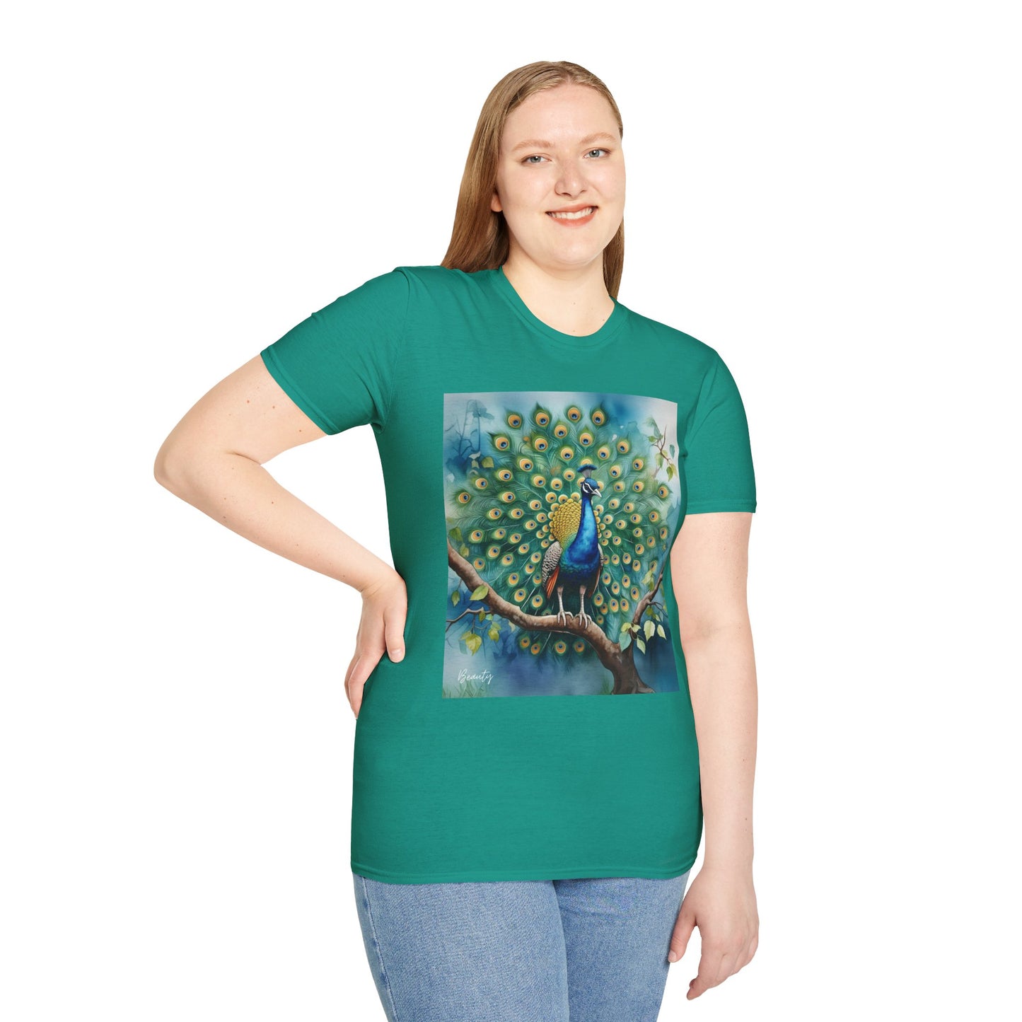 Colorful Peacock Unisex Softstyle T-Shirt - Vibrant Nature Art Tee