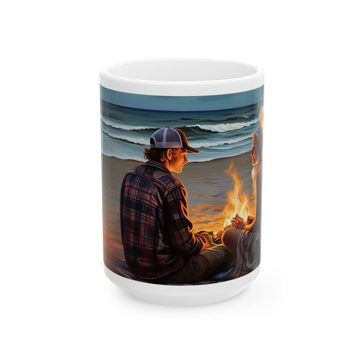 Beach Campfire Ceramic Mug - Cozy Vibes for Ocean Lovers