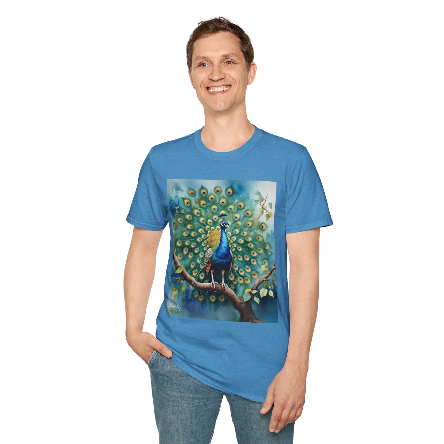 Colorful Peacock Unisex Softstyle T-Shirt - Vibrant Nature Art Tee
