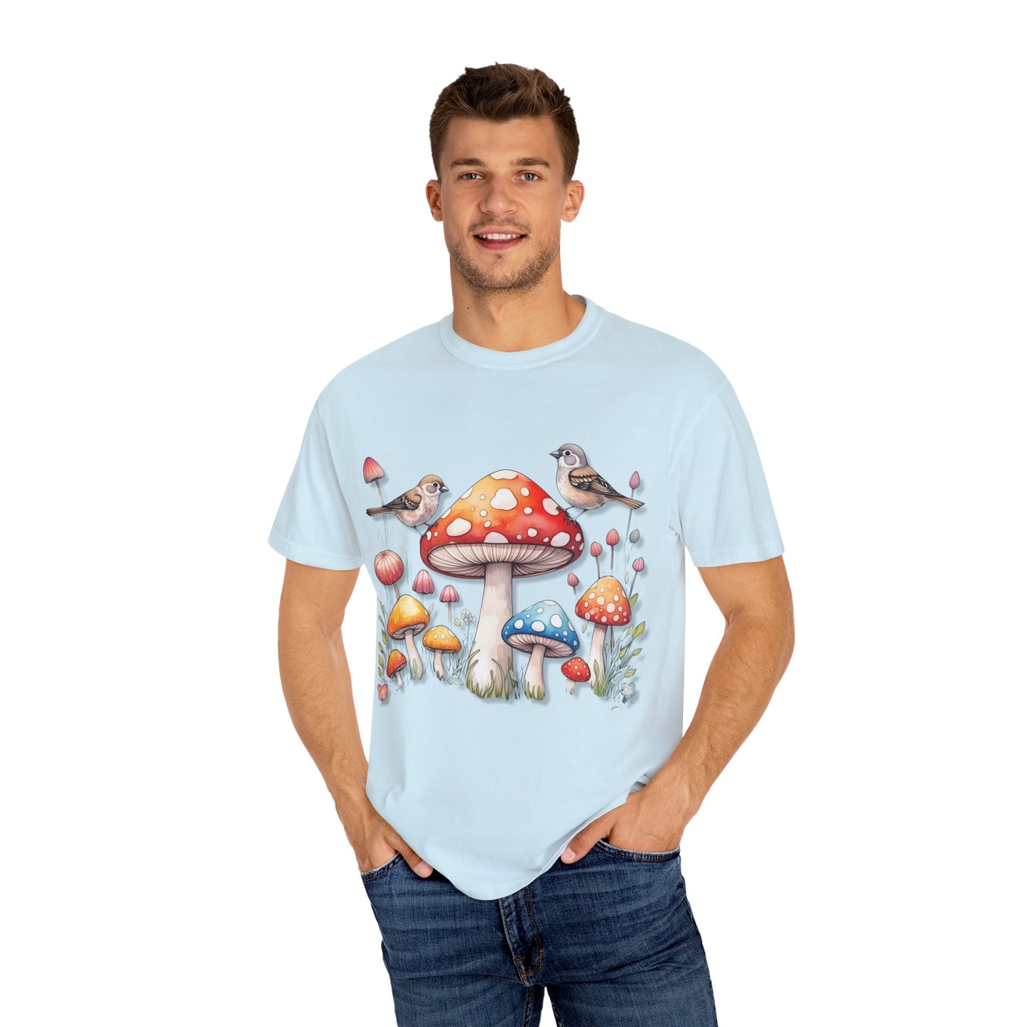 Whimsical Mushroom & Bird Unisex T-Shirt - Nature Lover's Tee