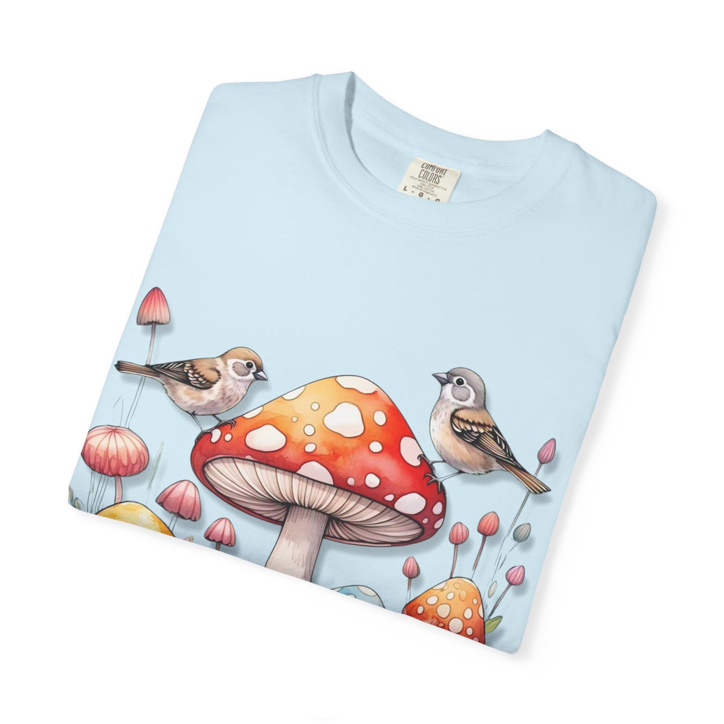 Whimsical Mushroom & Bird Unisex T-Shirt - Nature Lover's Tee