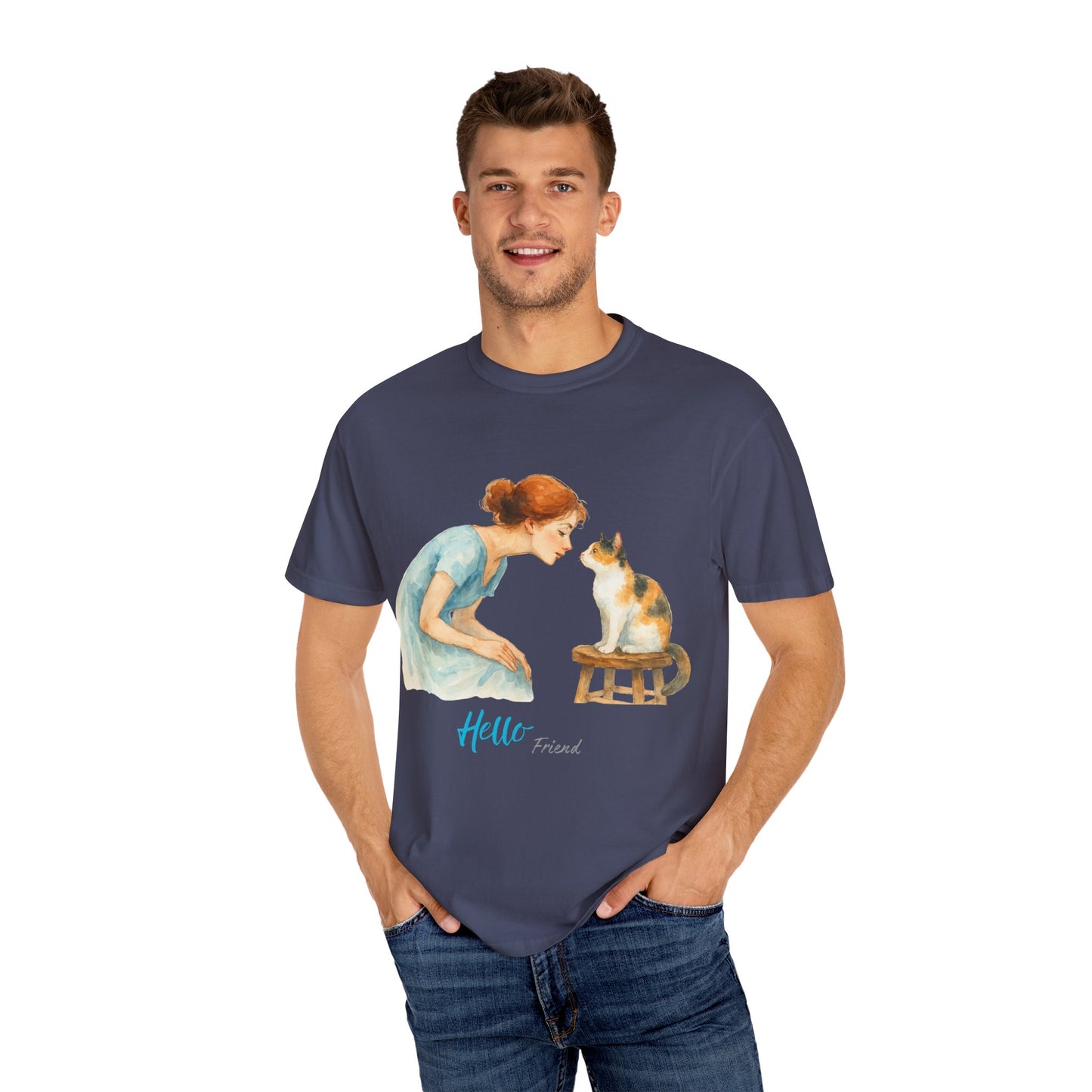 Hello Friend Cat Lover T-Shirt - Unisex Garment-Dyed Tee