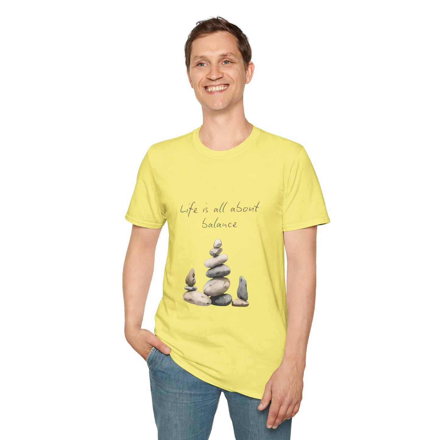 Unisex Softstyle T-Shirt - "Life is all about Balance" Design - Perfect for Mindfulness and Relaxation