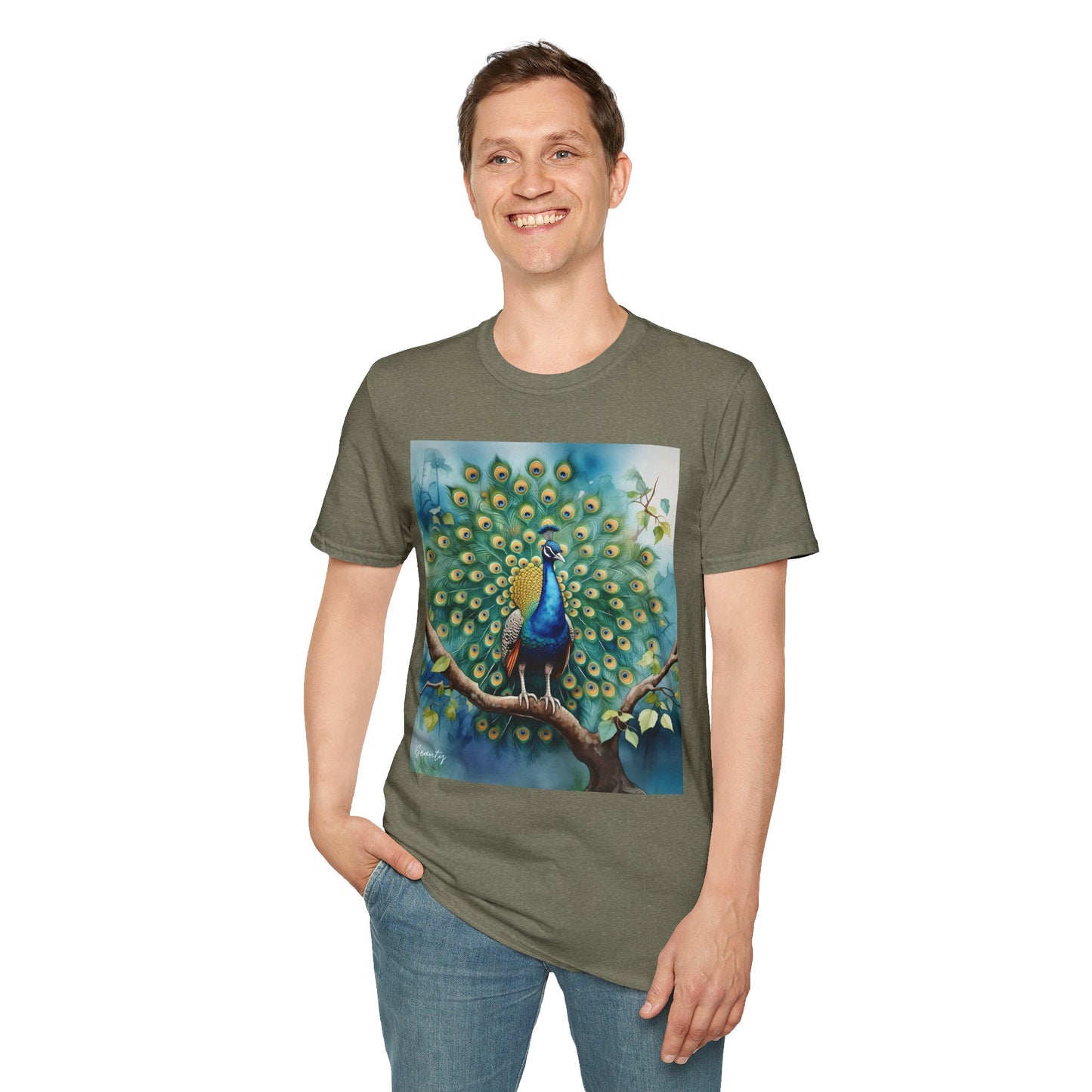 Colorful Peacock Unisex Softstyle T-Shirt - Vibrant Nature Art Tee
