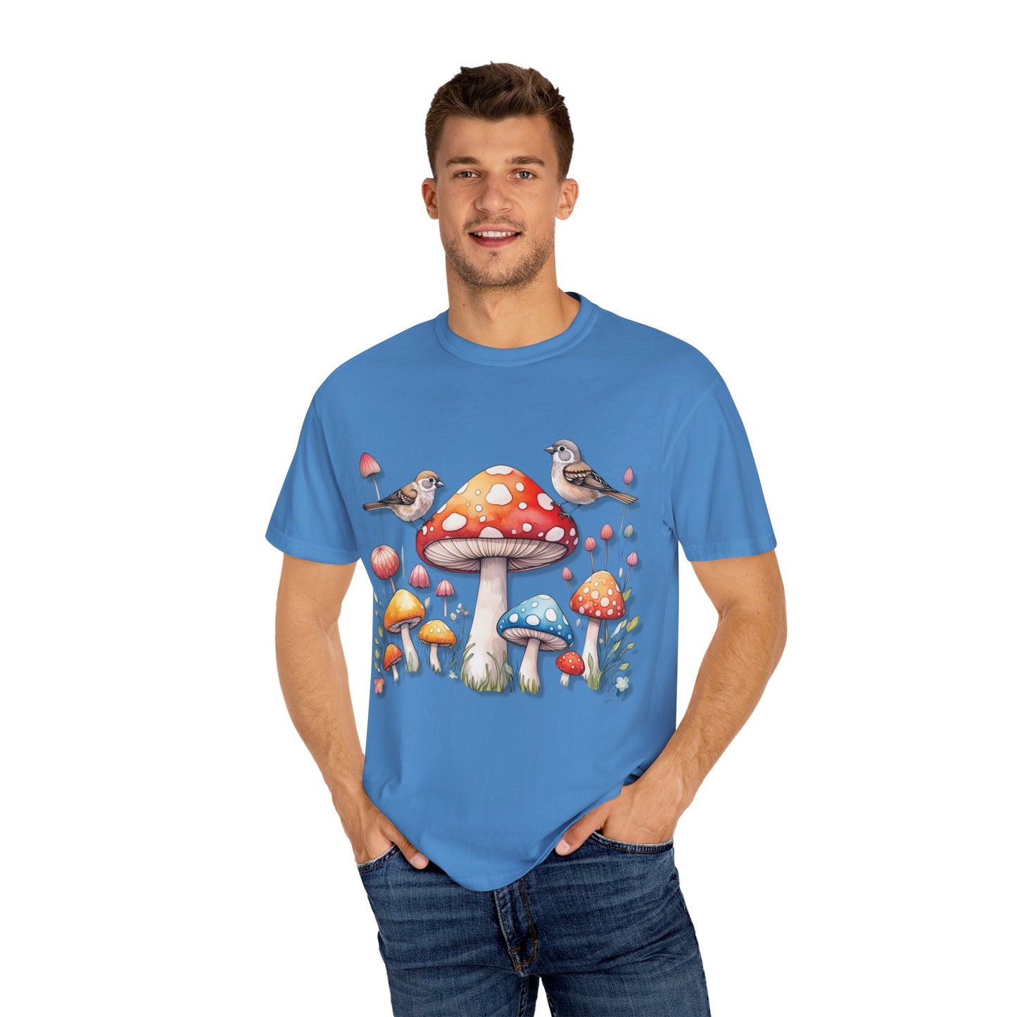 Whimsical Mushroom & Bird Unisex T-Shirt - Nature Lover's Tee