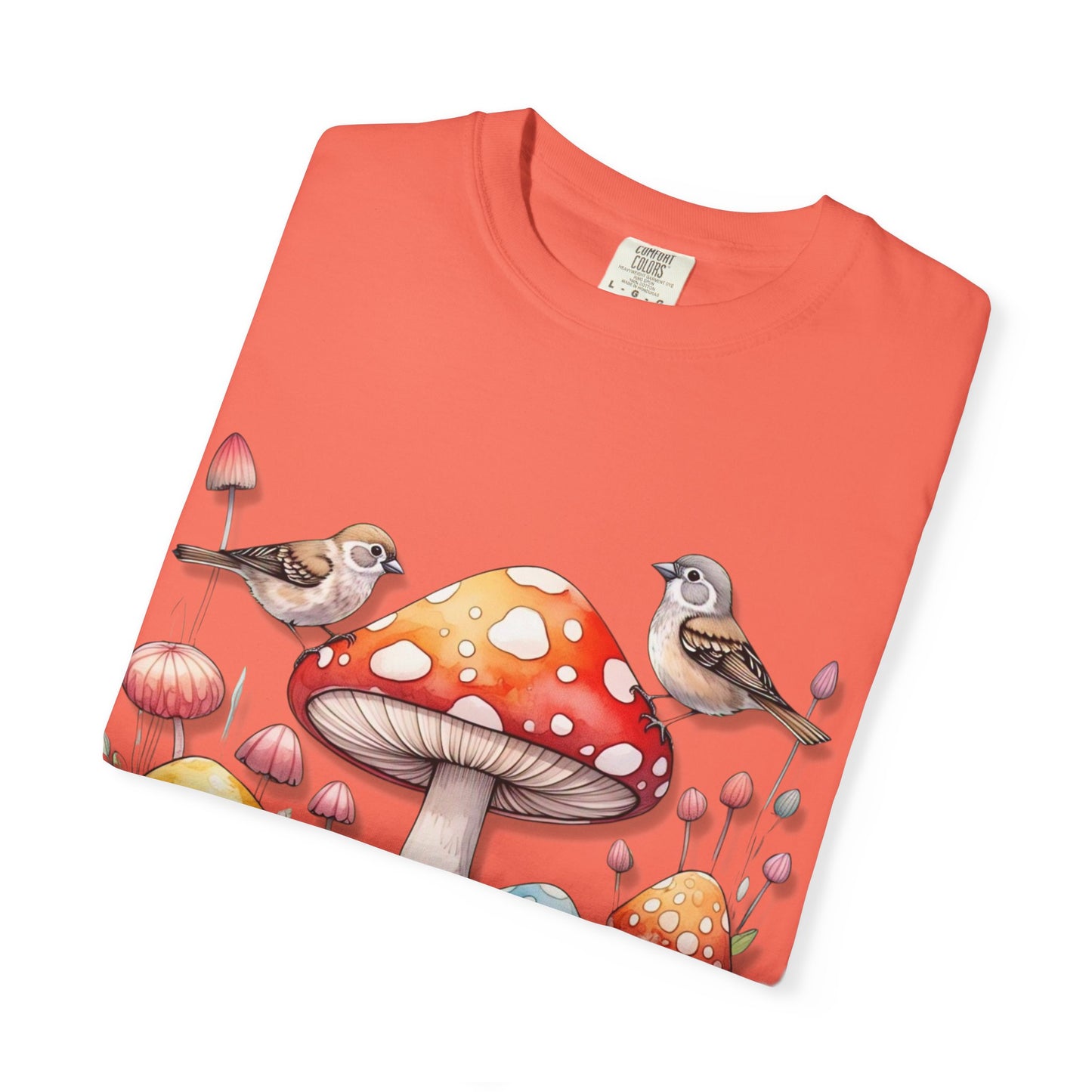 Whimsical Mushroom & Bird Unisex T-Shirt - Nature Lover's Tee