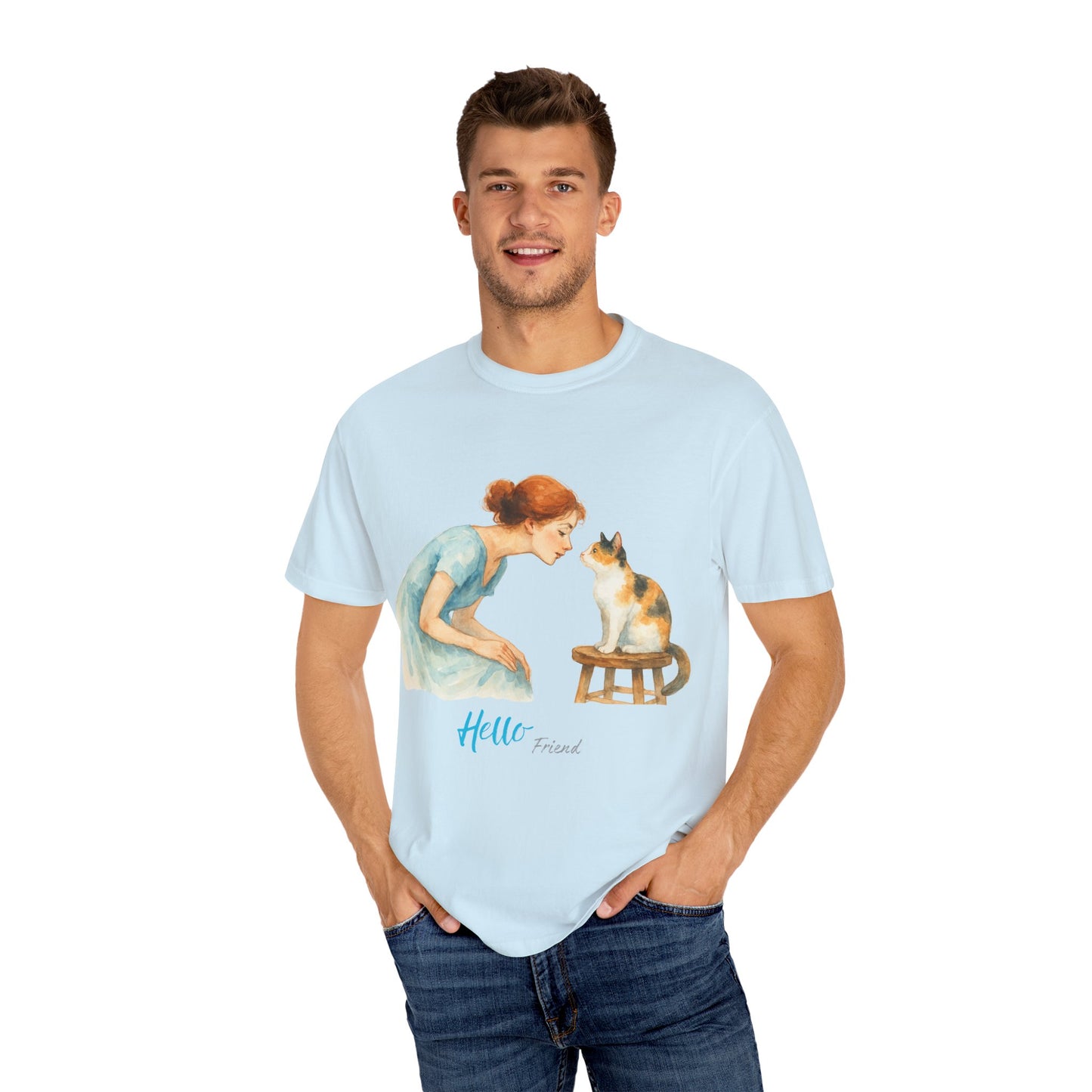 Hello Friend Cat Lover T-Shirt - Unisex Garment-Dyed Tee