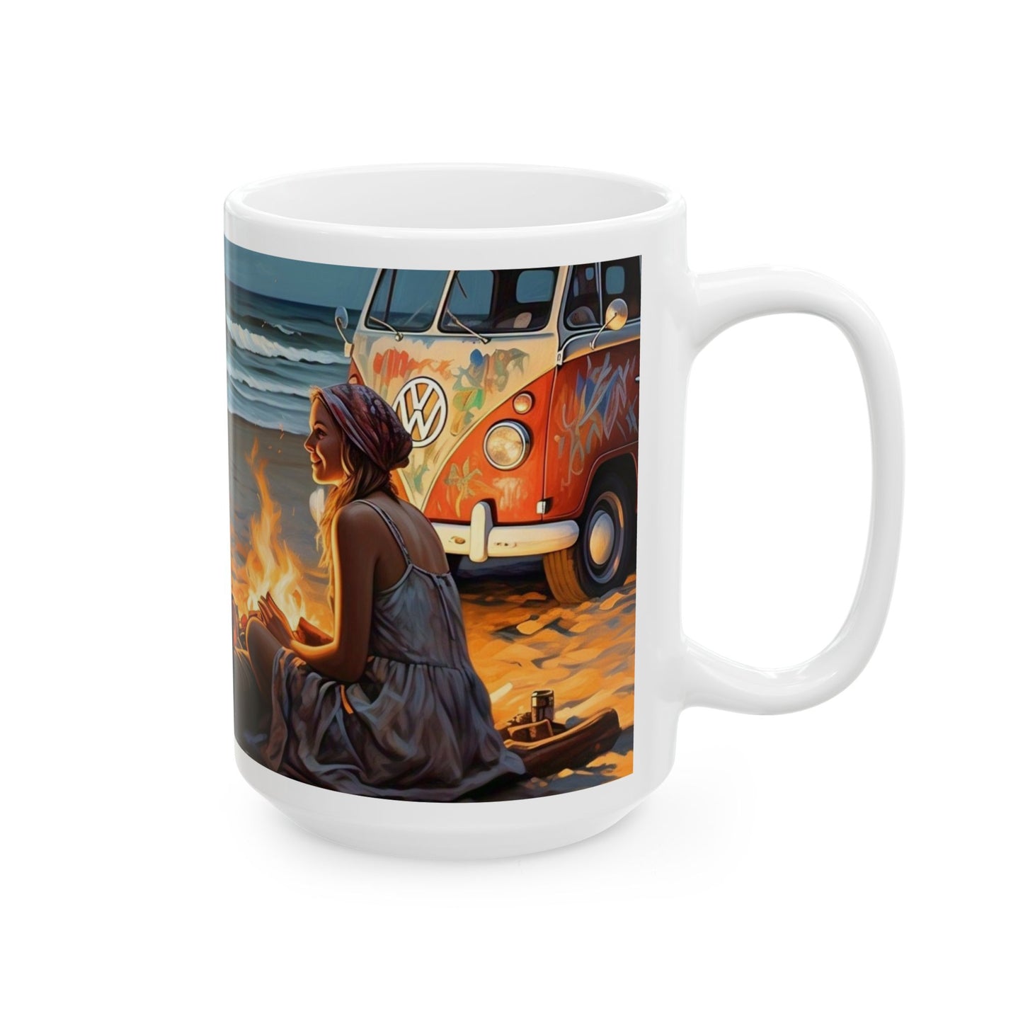 Beach Campfire Ceramic Mug - Cozy Vibes for Ocean Lovers