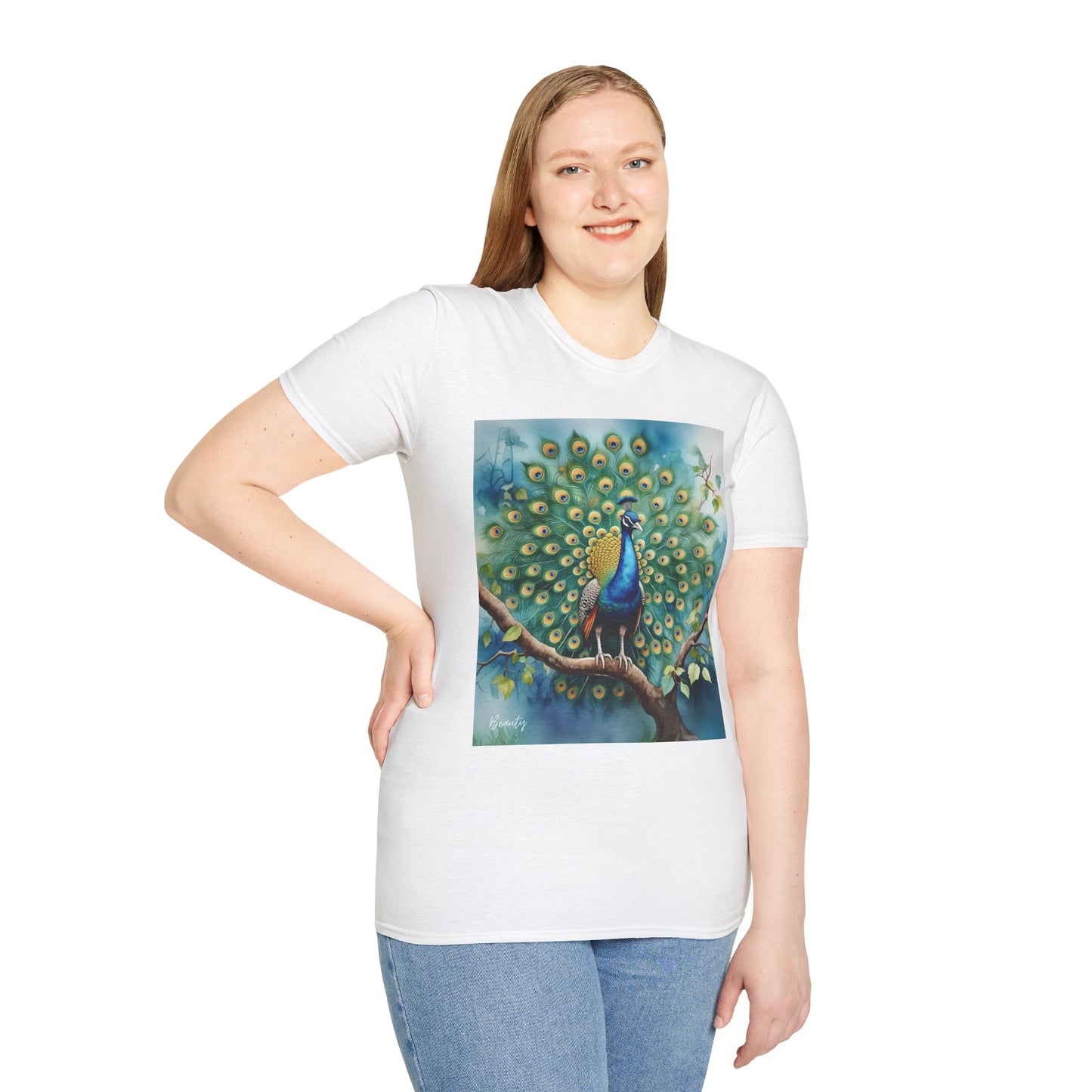 Colorful Peacock Unisex Softstyle T-Shirt - Vibrant Nature Art Tee