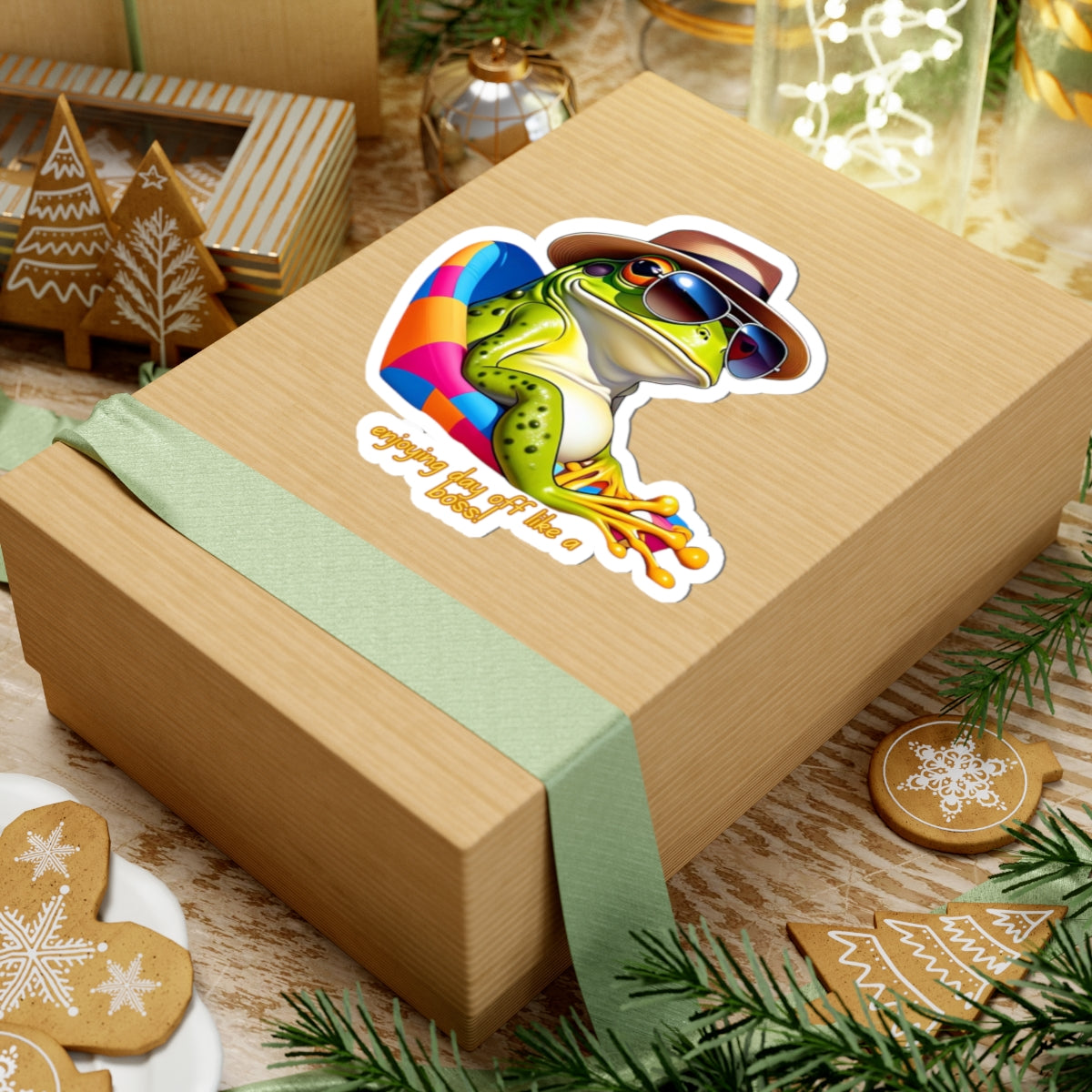 Sun-Soaked Frog Kiss-Cut Stickers - "Enjoying Day Off Like a Boss"