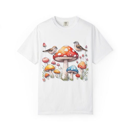 Whimsical Mushroom & Bird Unisex T-Shirt - Nature Lover's Tee