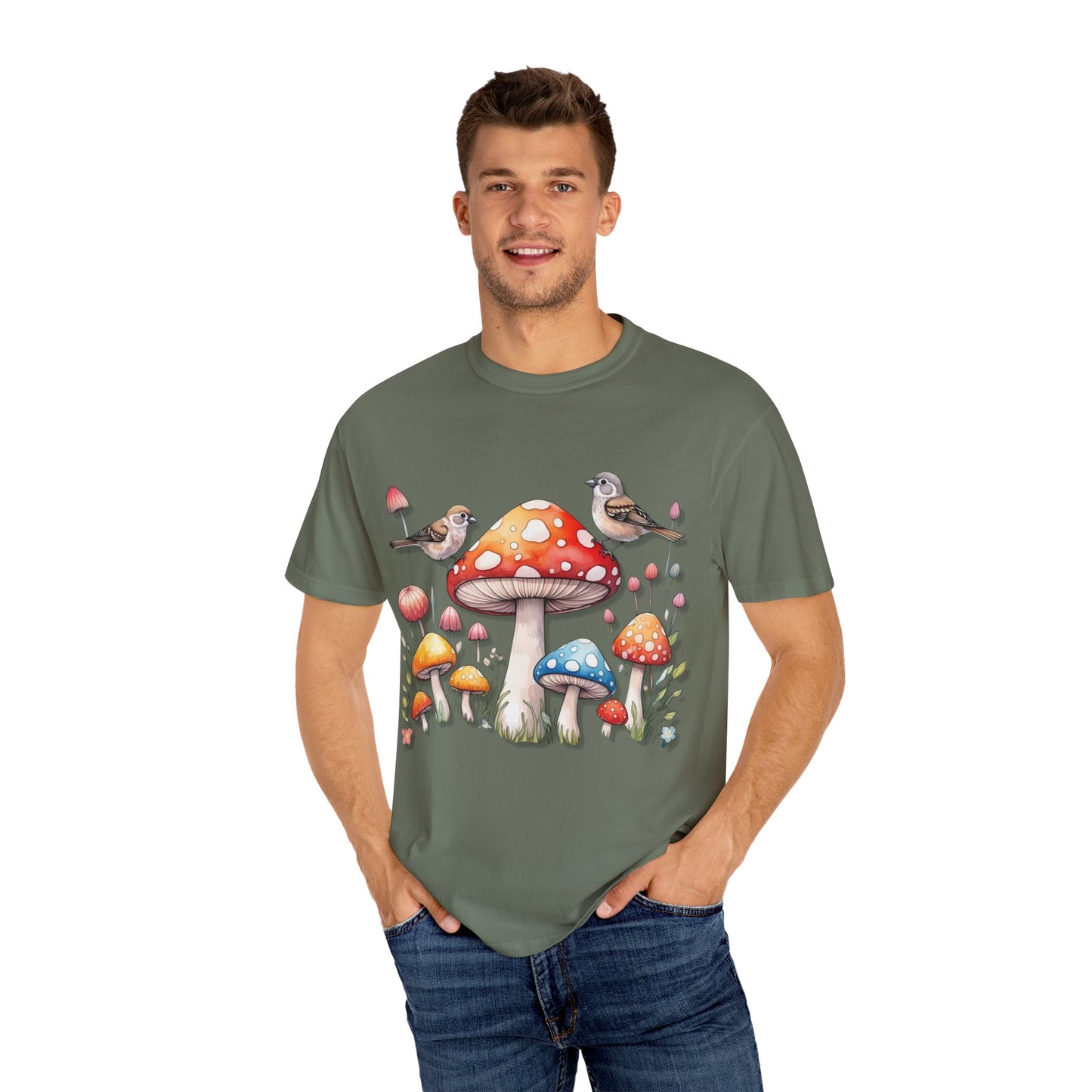 Whimsical Mushroom & Bird Unisex T-Shirt - Nature Lover's Tee