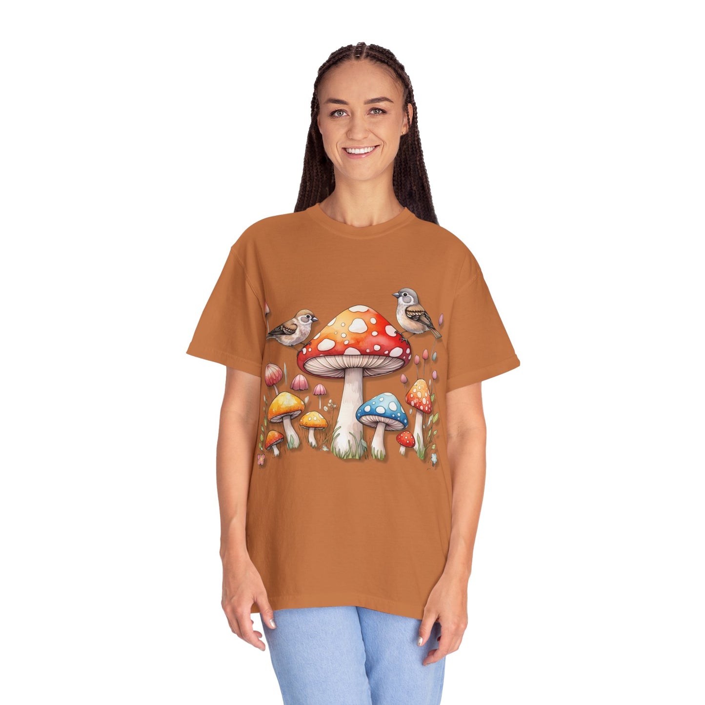 Whimsical Mushroom & Bird Unisex T-Shirt - Nature Lover's Tee