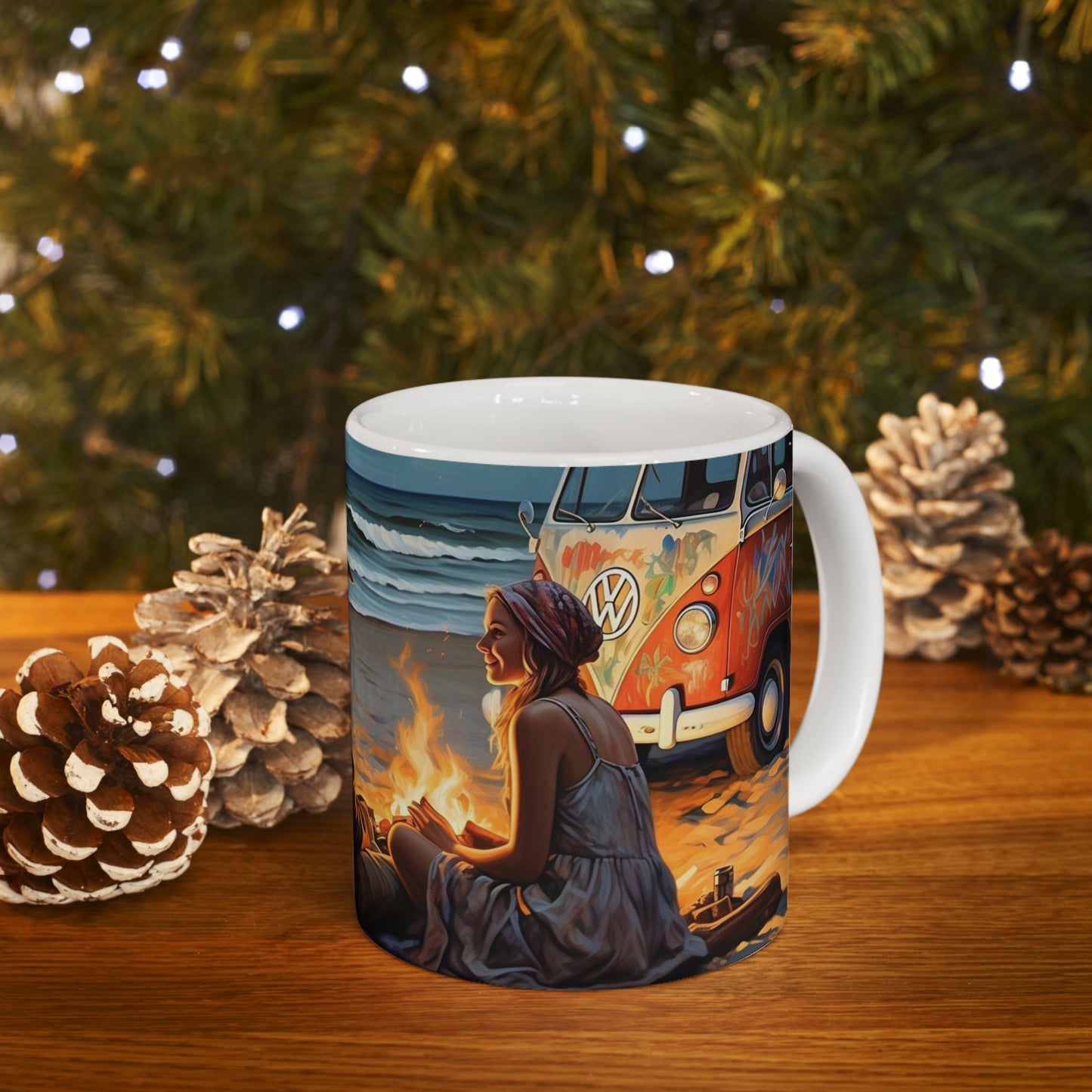 Beach Campfire Ceramic Mug - Cozy Vibes for Ocean Lovers