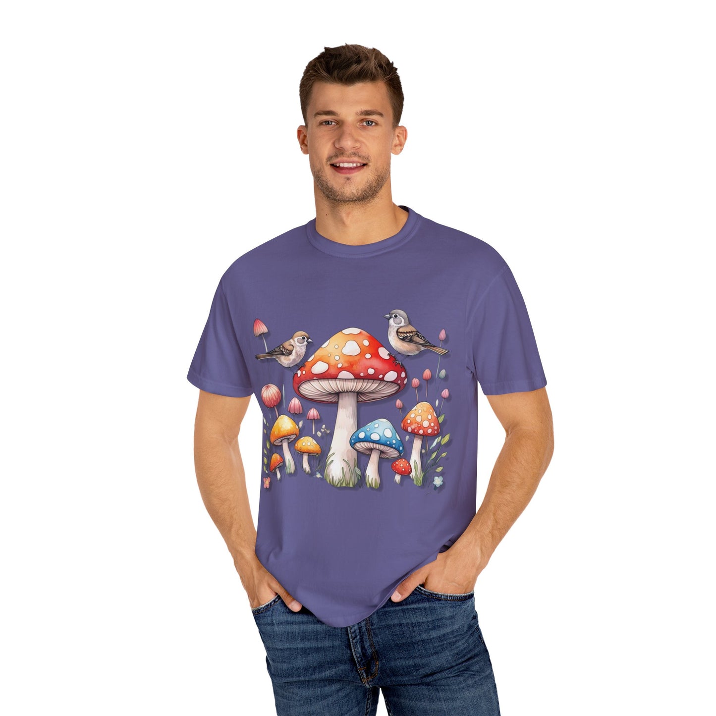 Whimsical Mushroom & Bird Unisex T-Shirt - Nature Lover's Tee