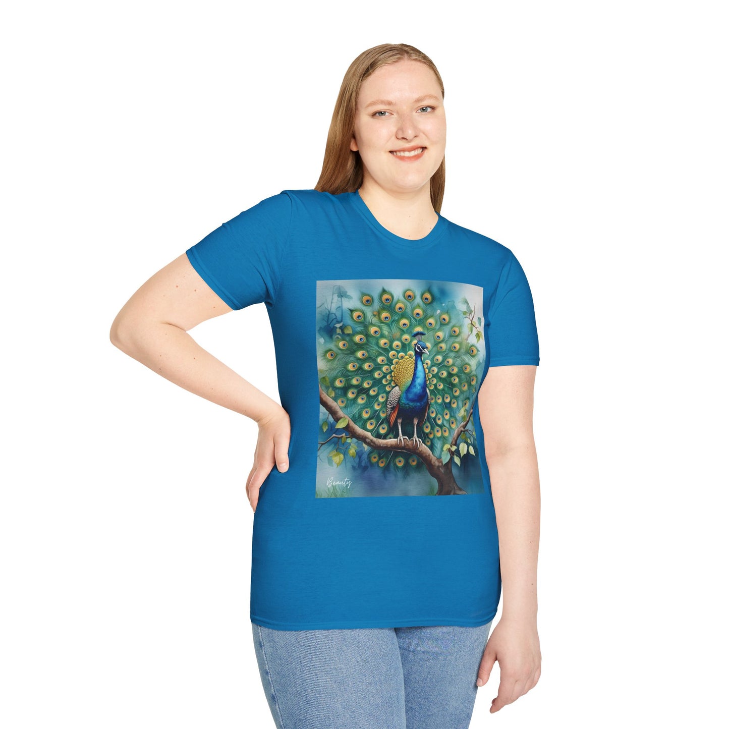 Colorful Peacock Unisex Softstyle T-Shirt - Vibrant Nature Art Tee