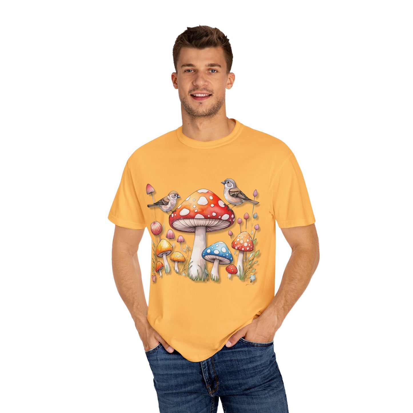 Whimsical Mushroom & Bird Unisex T-Shirt - Nature Lover's Tee
