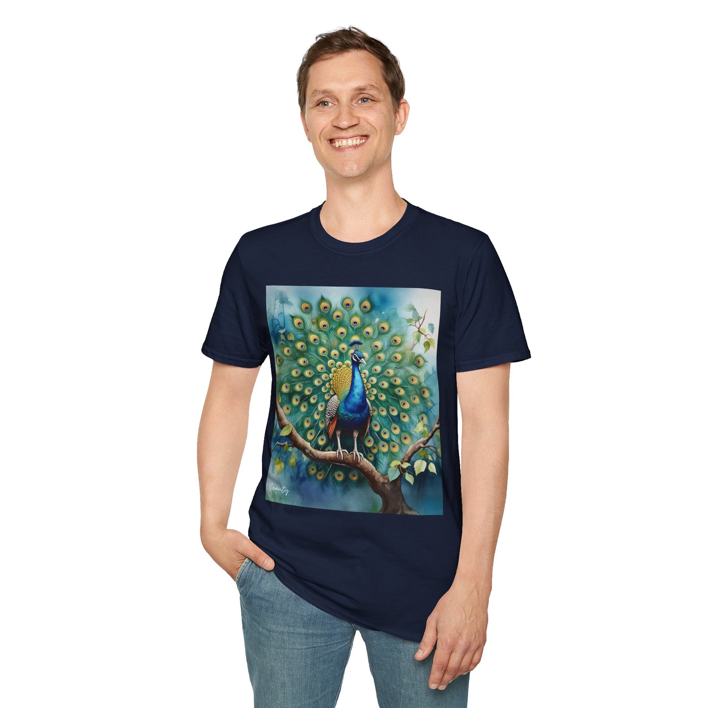 Colorful Peacock Unisex Softstyle T-Shirt - Vibrant Nature Art Tee