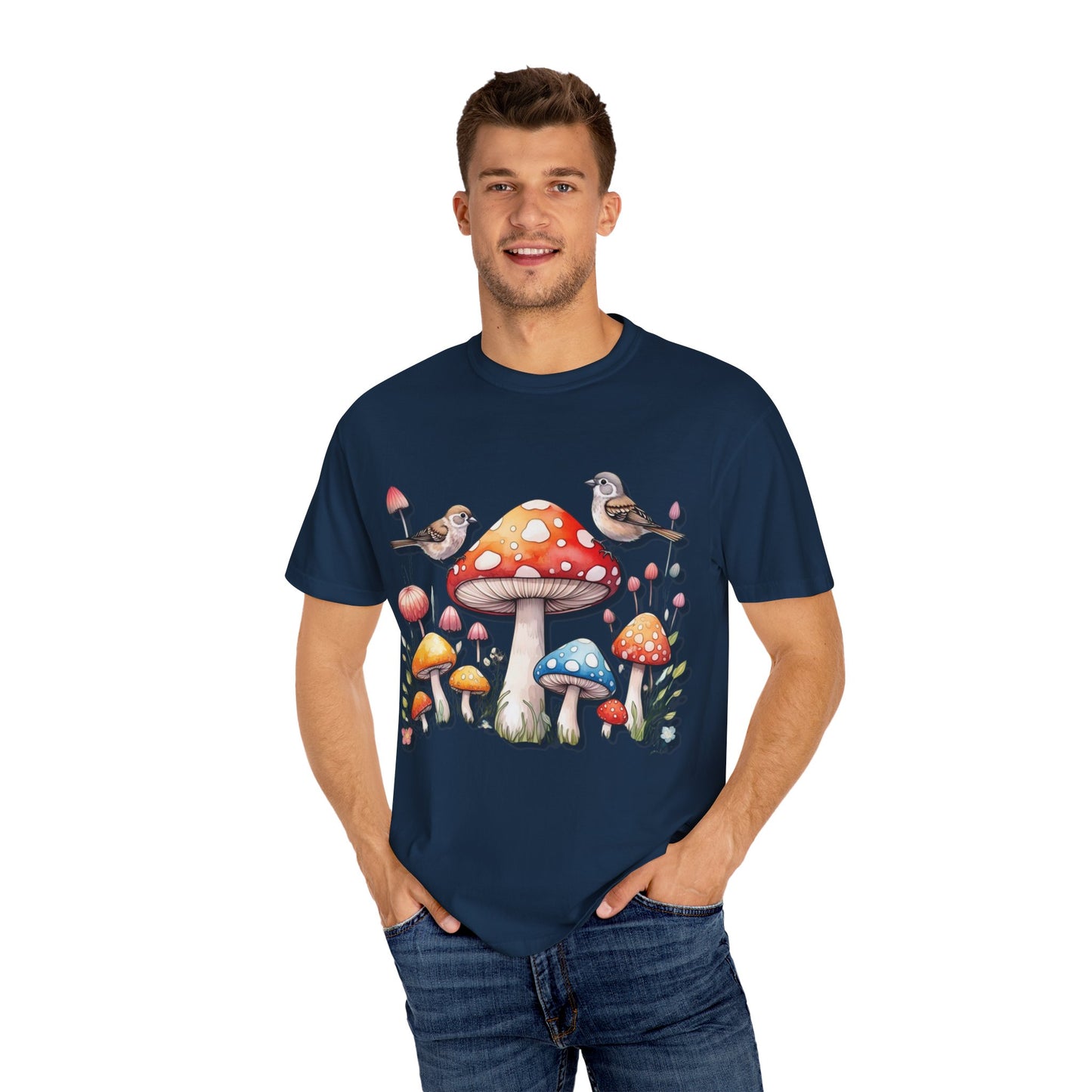 Whimsical Mushroom & Bird Unisex T-Shirt - Nature Lover's Tee