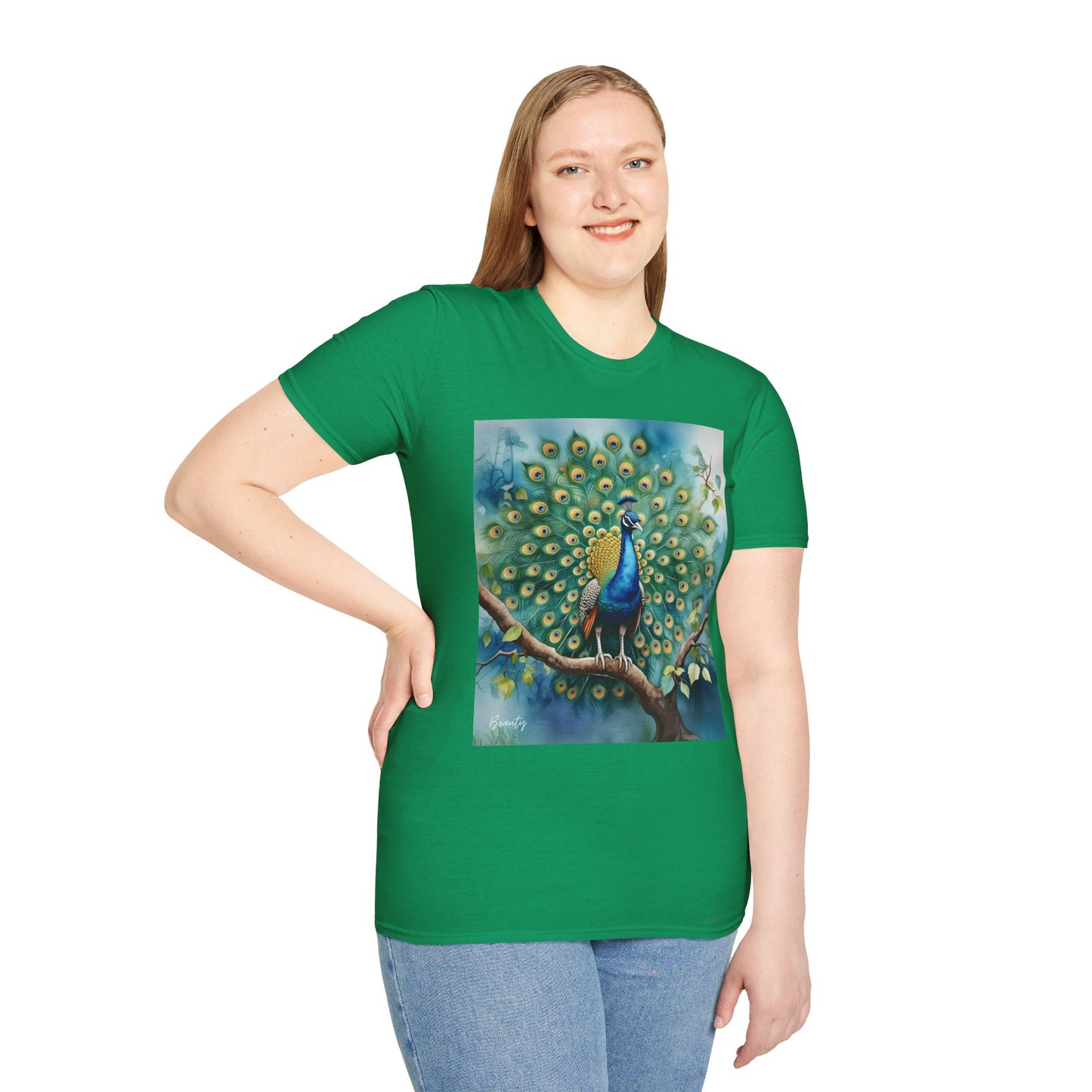 Colorful Peacock Unisex Softstyle T-Shirt - Vibrant Nature Art Tee