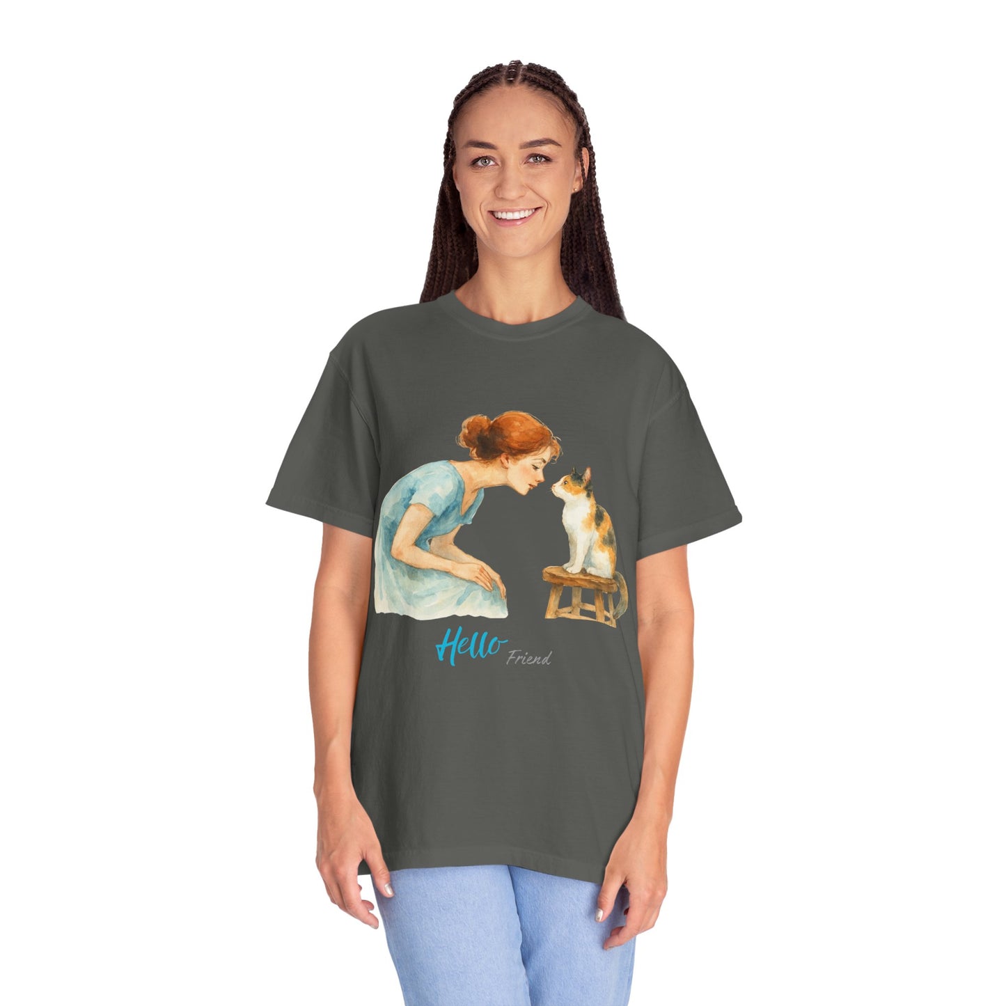 Hello Friend Cat Lover T-Shirt - Unisex Garment-Dyed Tee