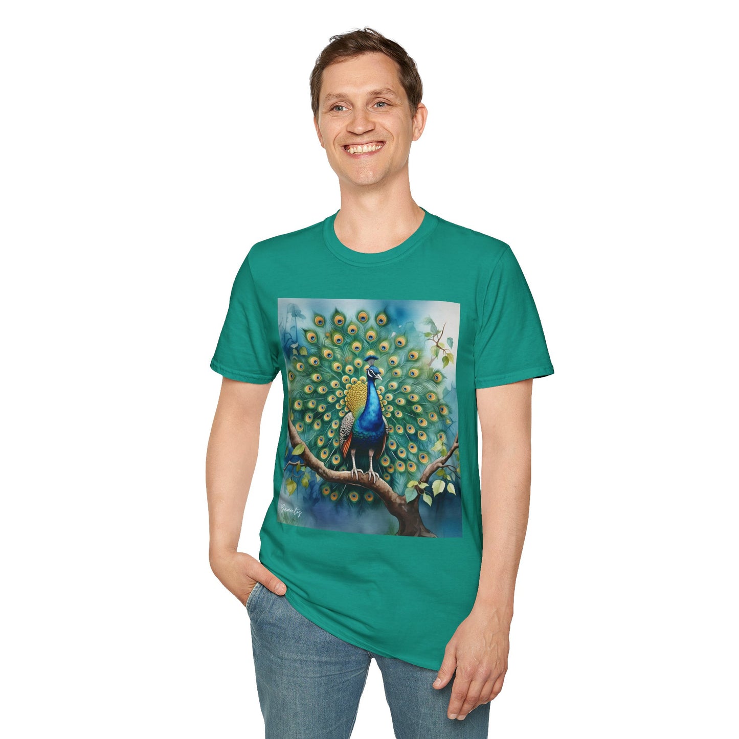 Colorful Peacock Unisex Softstyle T-Shirt - Vibrant Nature Art Tee