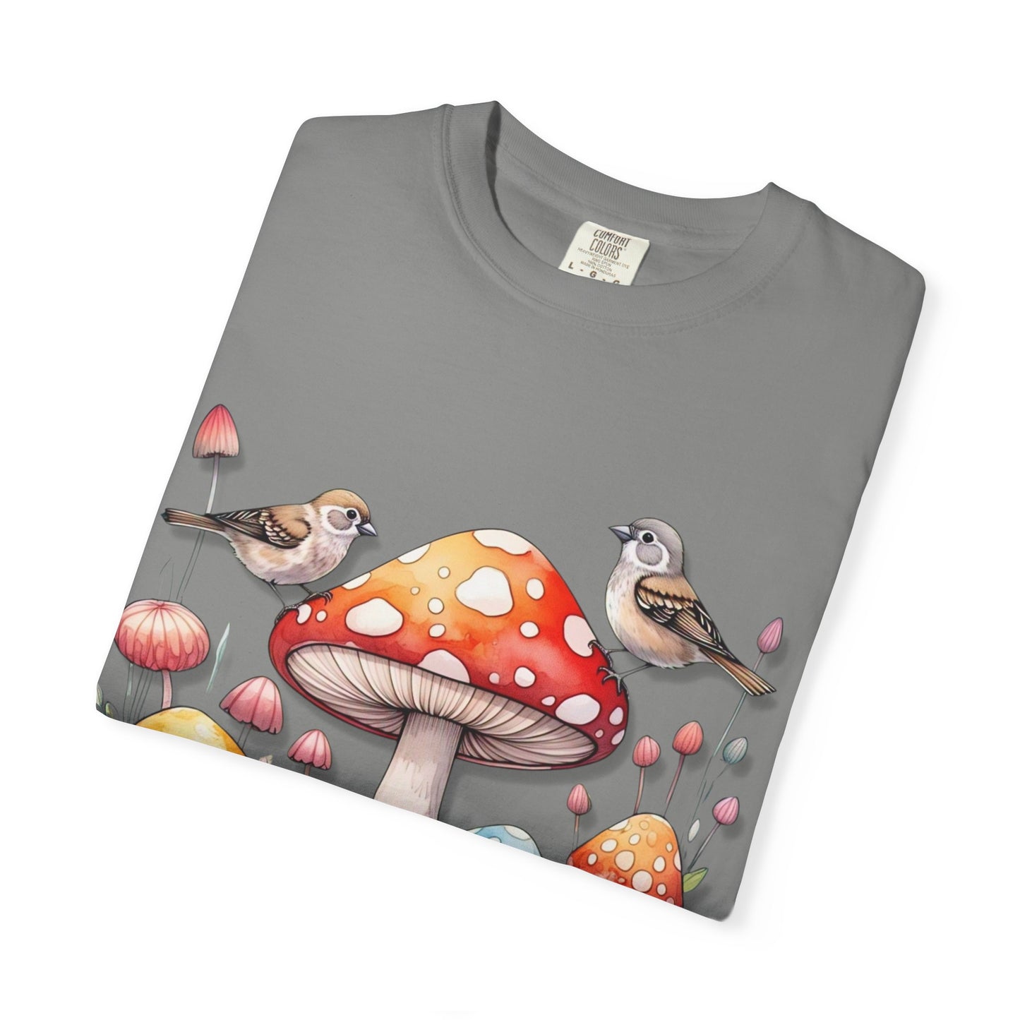 Whimsical Mushroom & Bird Unisex T-Shirt - Nature Lover's Tee