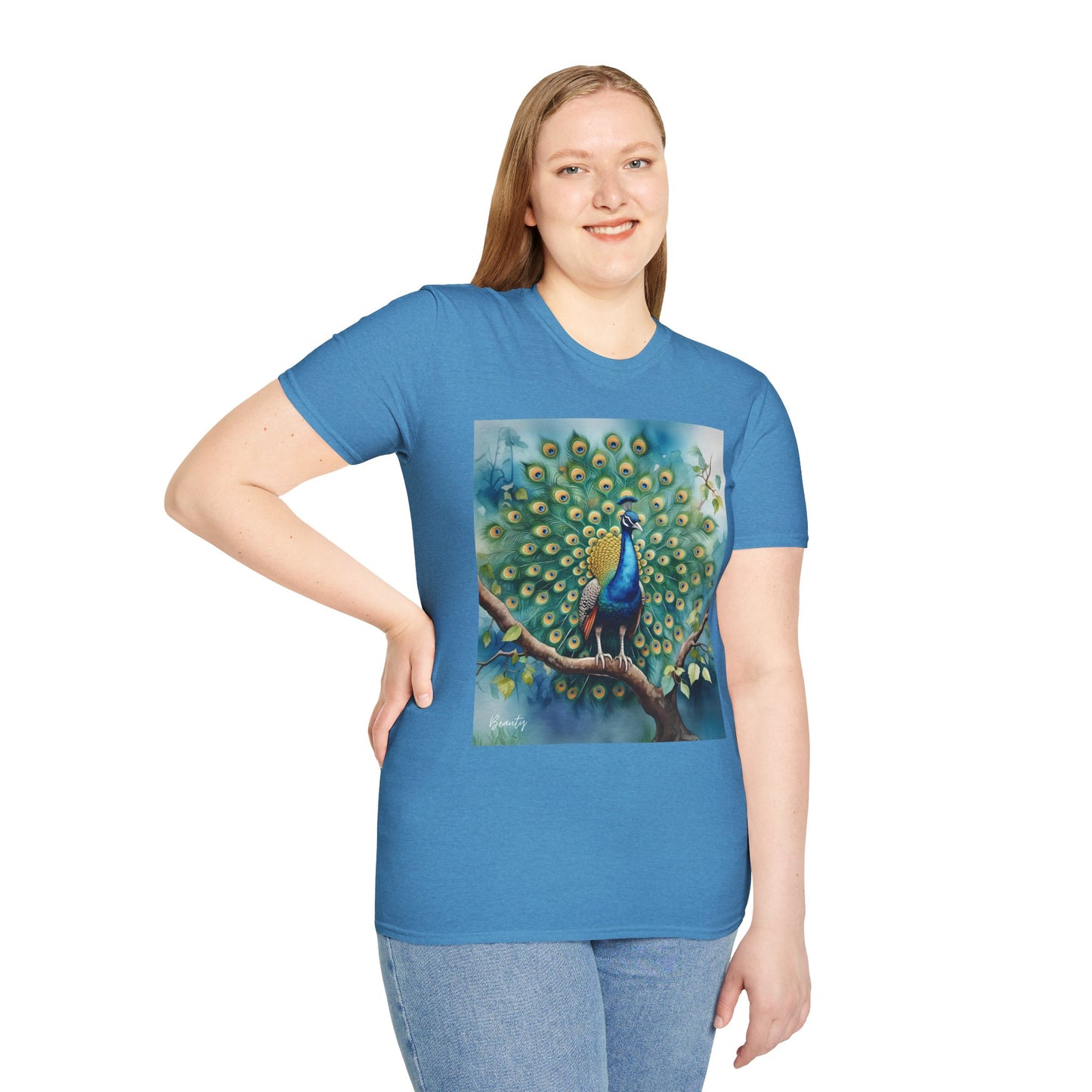 Colorful Peacock Unisex Softstyle T-Shirt - Vibrant Nature Art Tee