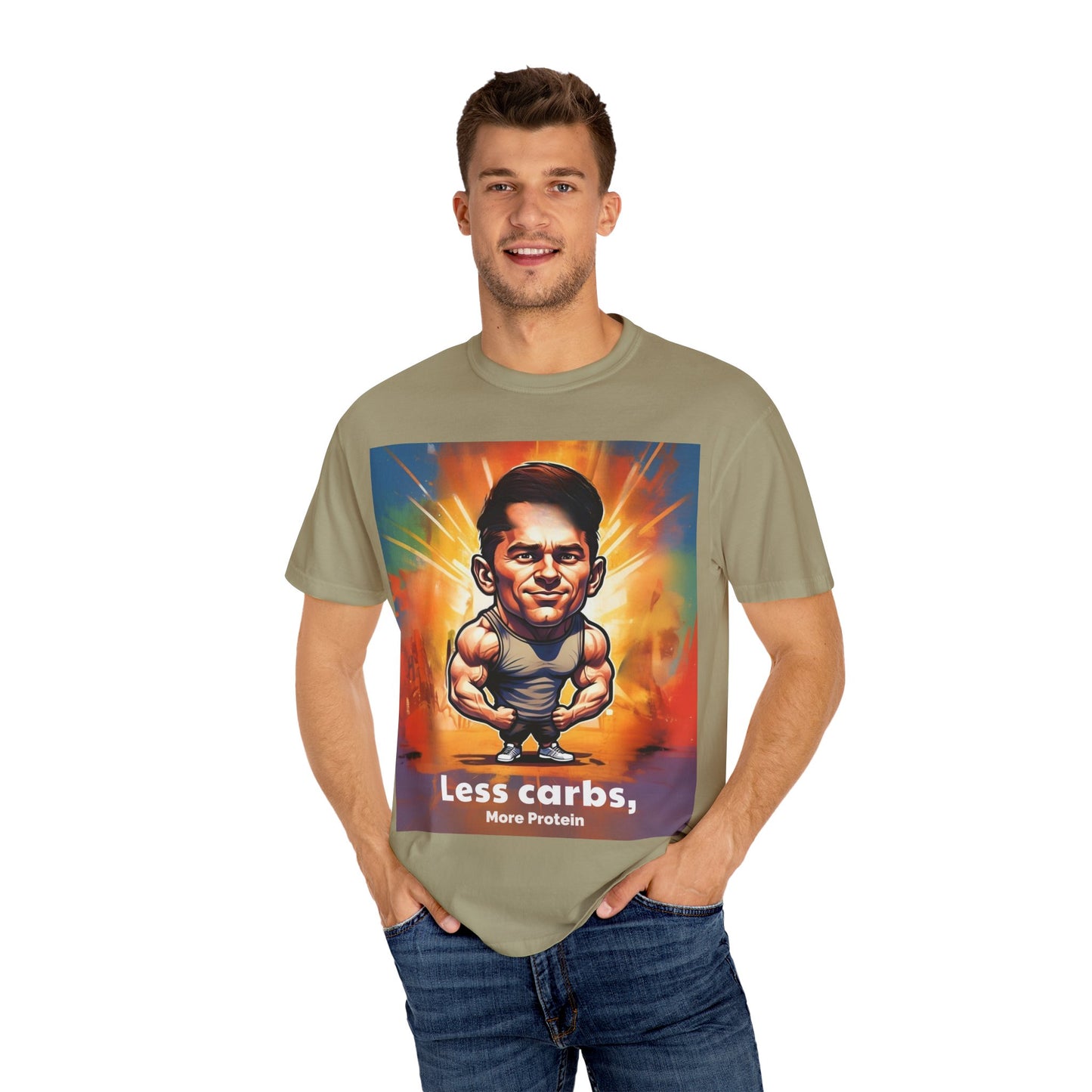Garment-Dyed T-Shirt - 'Less Carbs, More Protein' Workout Tee