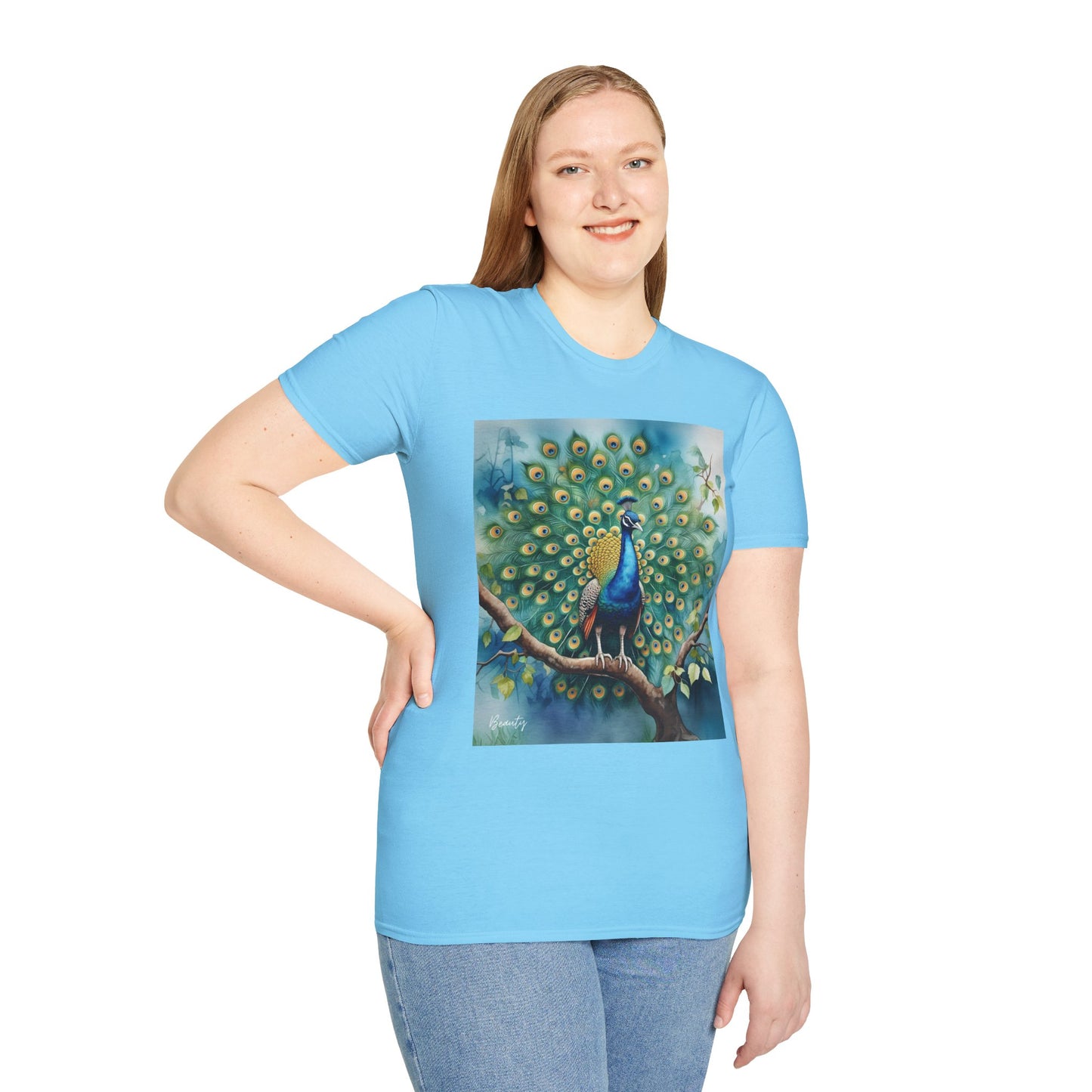 Colorful Peacock Unisex Softstyle T-Shirt - Vibrant Nature Art Tee
