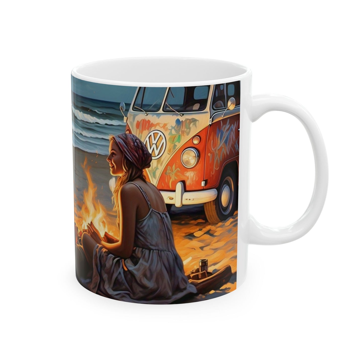 Beach Campfire Ceramic Mug - Cozy Vibes for Ocean Lovers