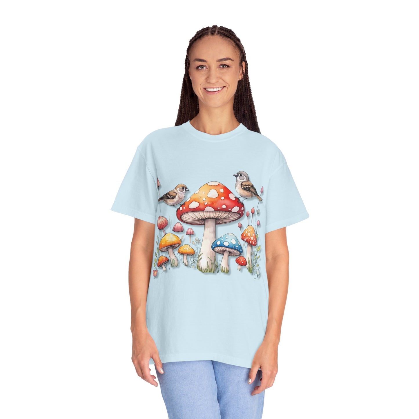 Whimsical Mushroom & Bird Unisex T-Shirt - Nature Lover's Tee